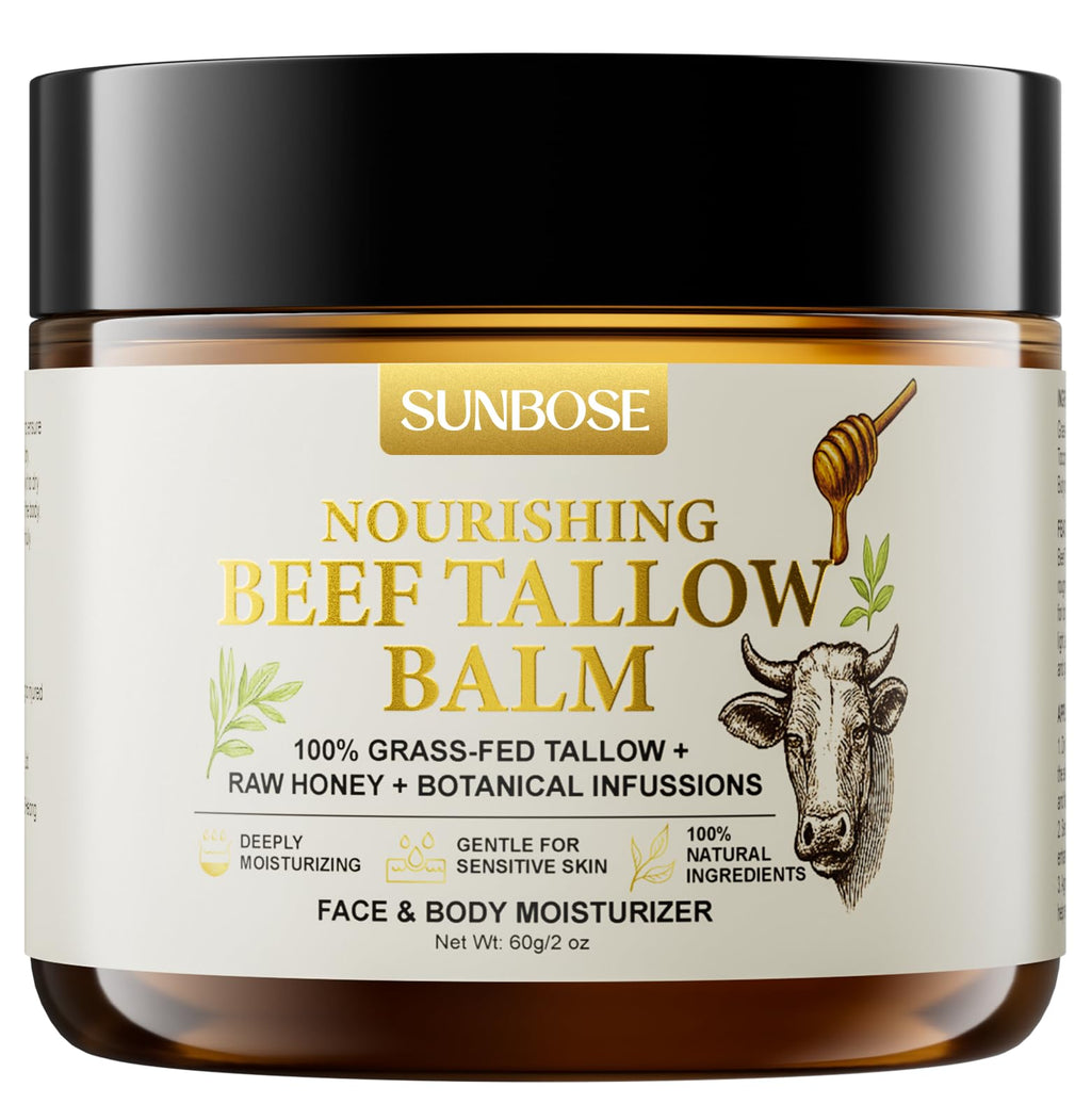 Sunbose Beef Tallow Balm for Skin – Grass-Fed with Honey & Beeswax, Non-Greasy Moisturizer