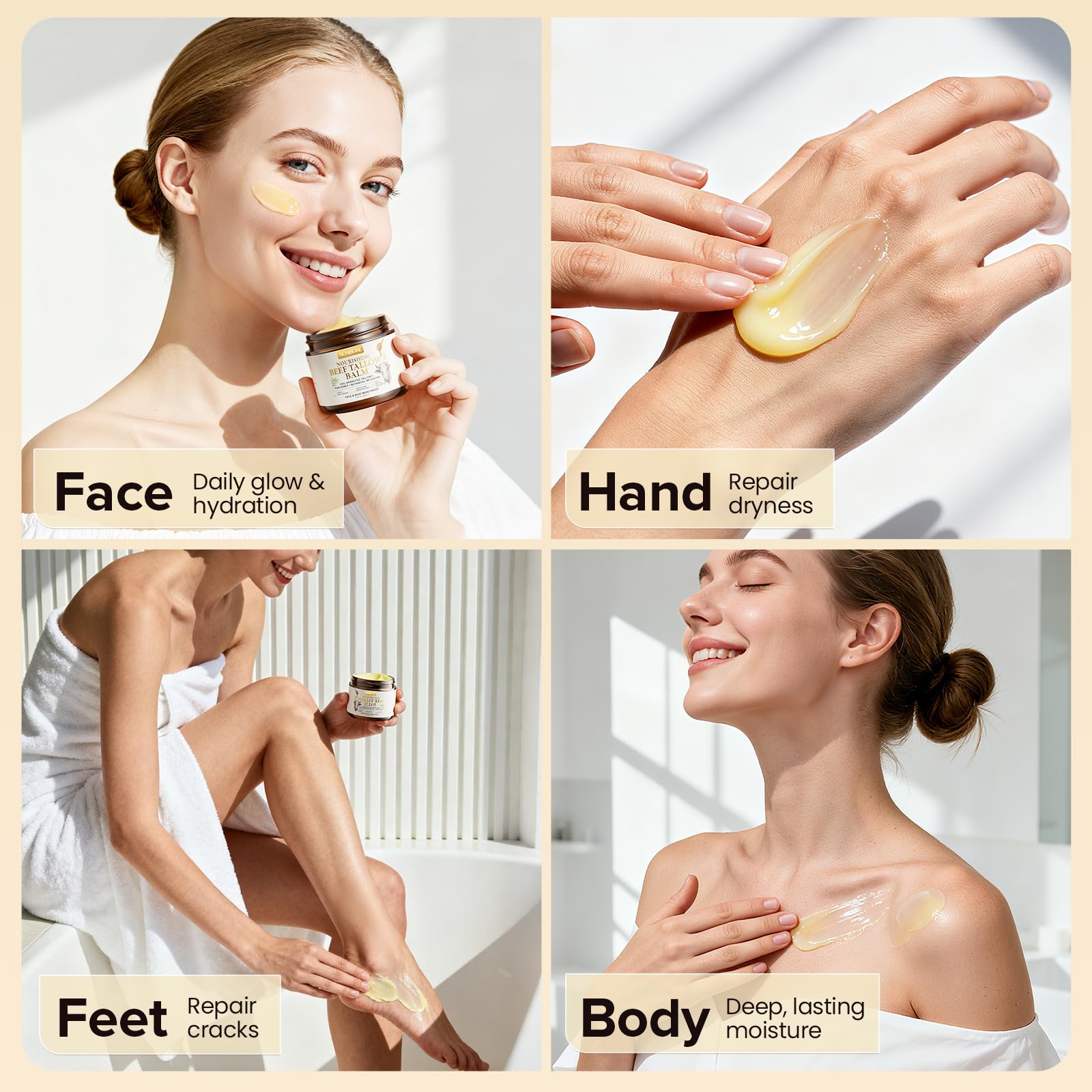 Sunbose Beef Tallow Balm for Skin – Grass-Fed with Honey & Beeswax, Non-Greasy Moisturizer