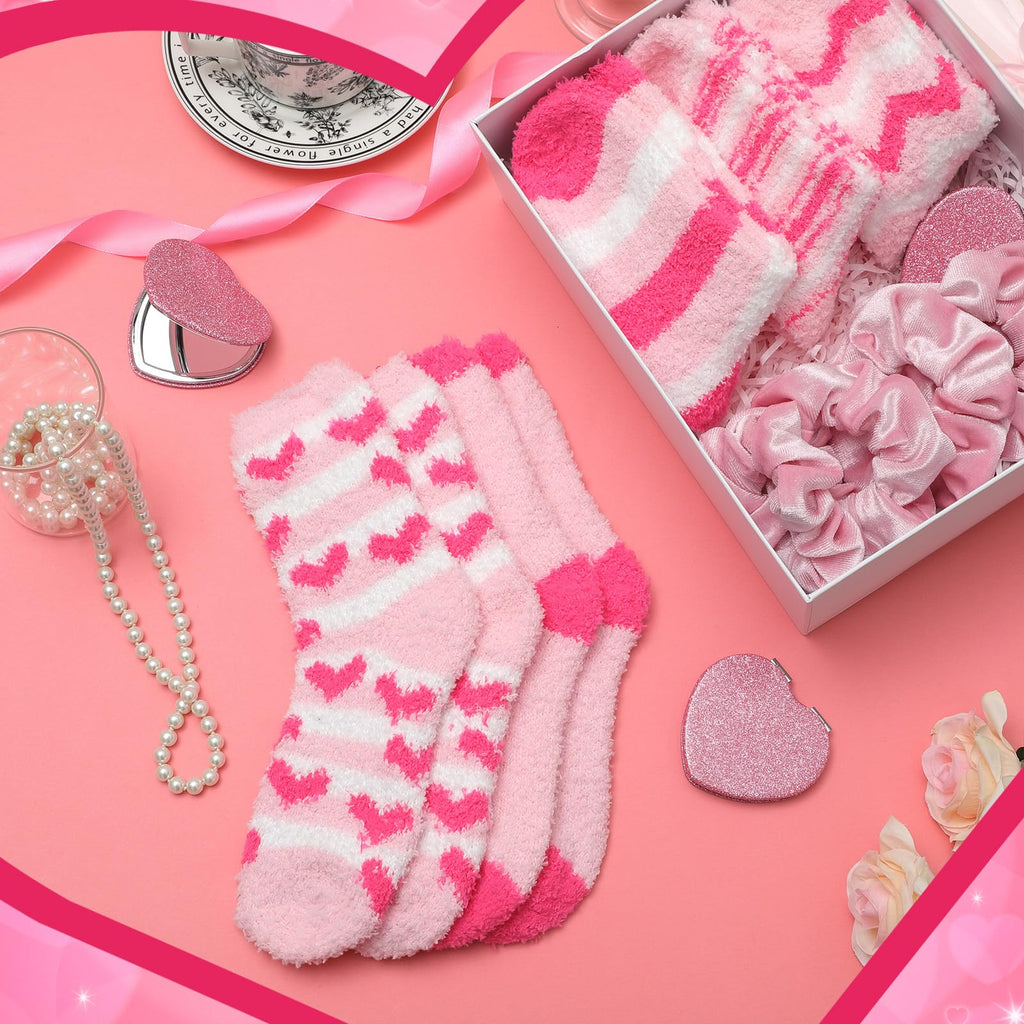 Suncalla 30 Pcs Galentines Gift Set – Velvet Scrunchies, Foldable Heart Mirrors & Fuzzy Socks