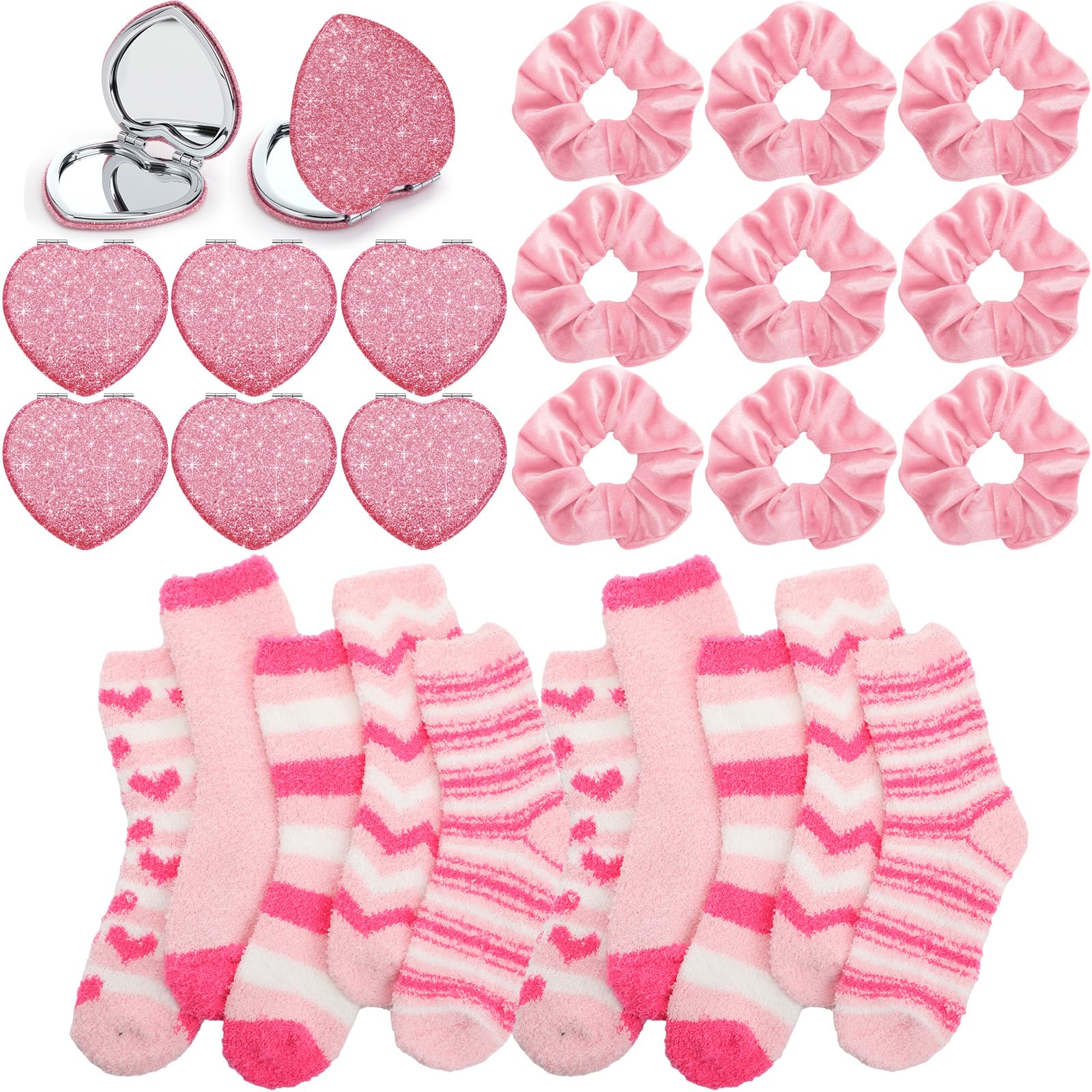 Suncalla 30 Pcs Galentines Gift Set – Velvet Scrunchies, Foldable Heart Mirrors & Fuzzy Socks