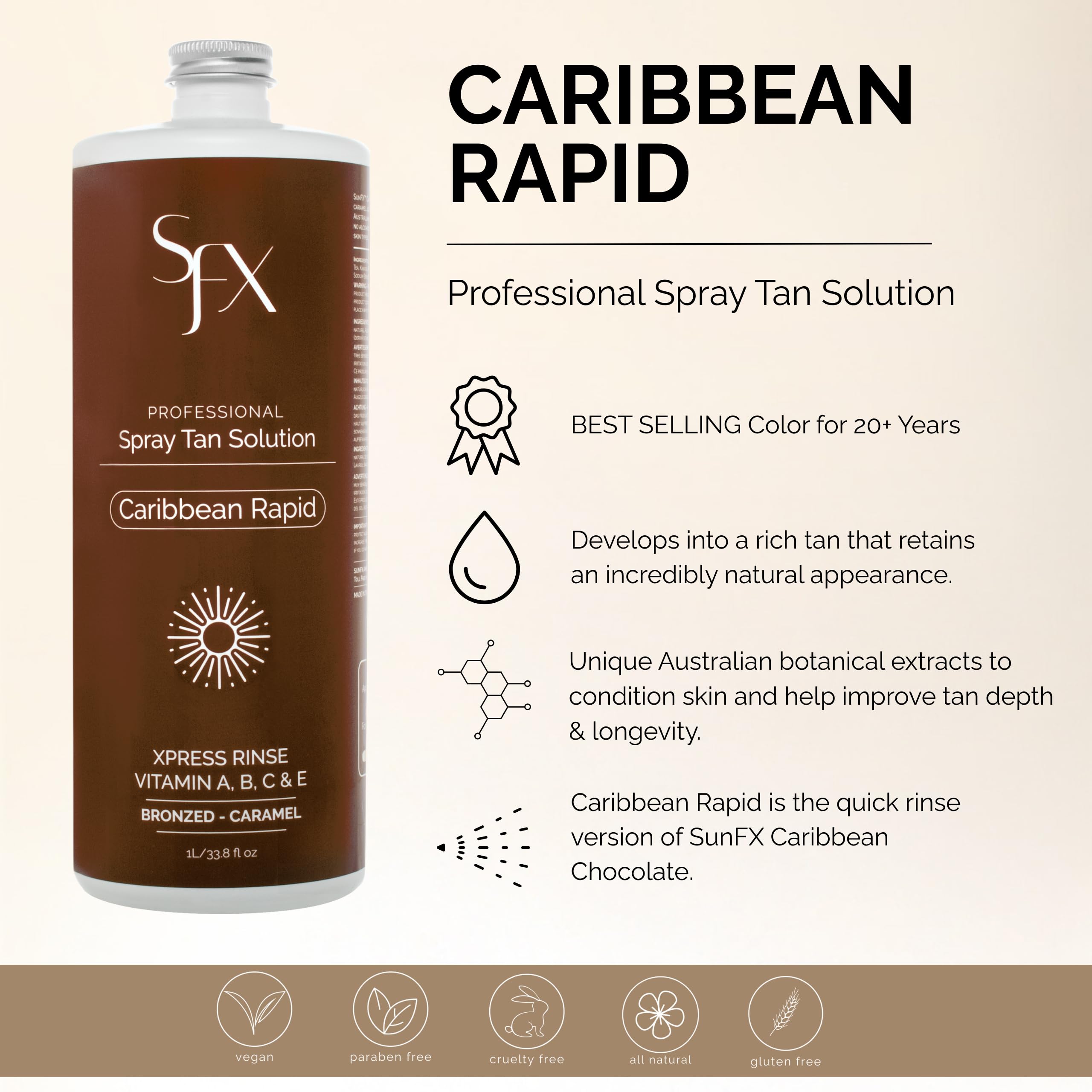 SunFX Caribbean Rapid - All-Natural Spray Tanning Solution for Dark Summer (1L | 33.8 oz)