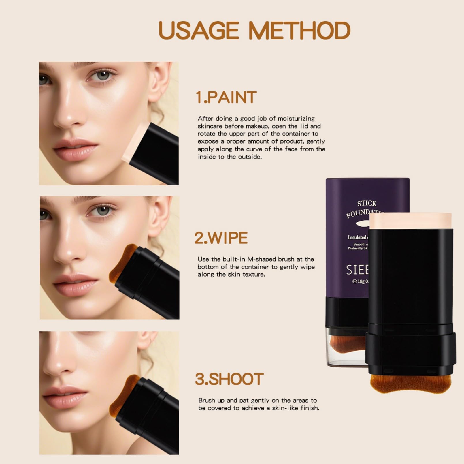 Sunohyesla Korean Dual Ended Foundation Stick with Brush | 2-in-1 Concealer & Contour, Hydrating & Long-Wear