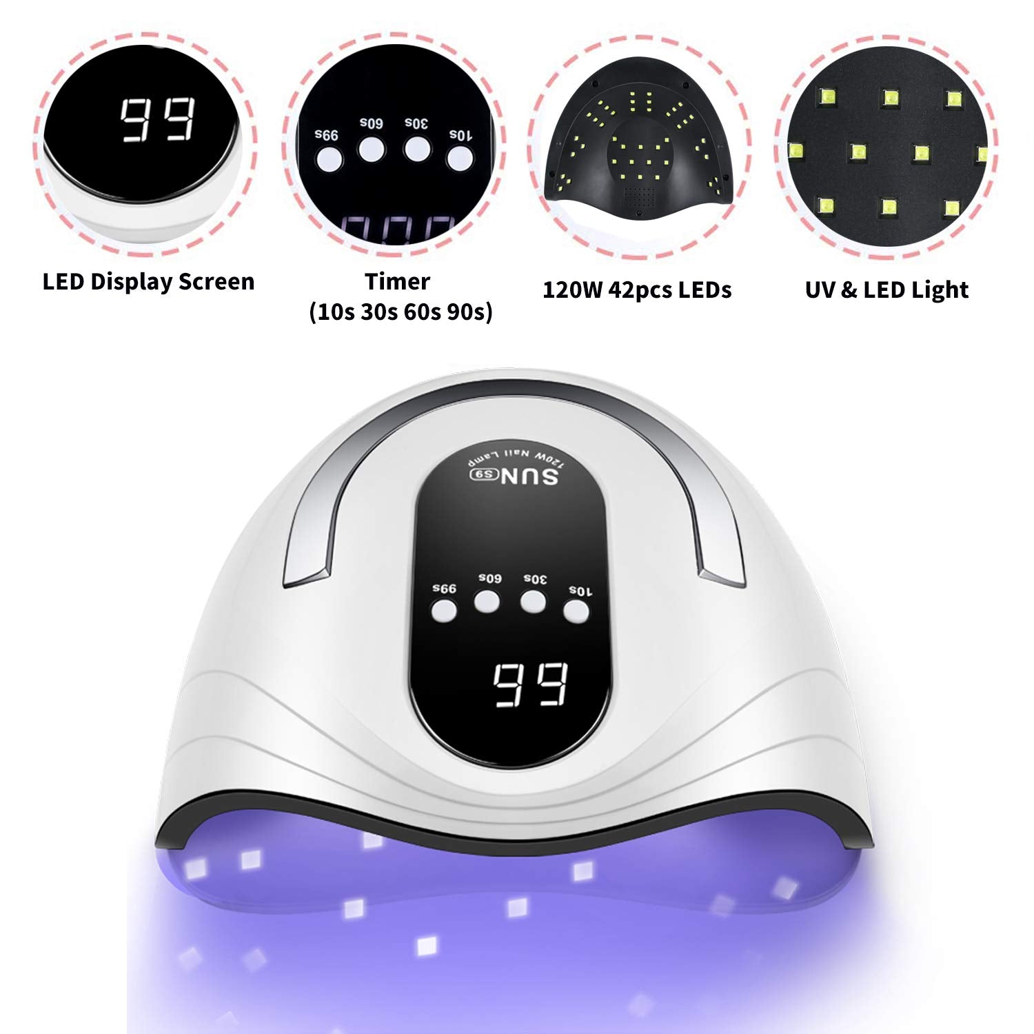 Sunrich 120W UV Gel Nail Lamp – Fast Cure, 4 Timers, Portable Handle