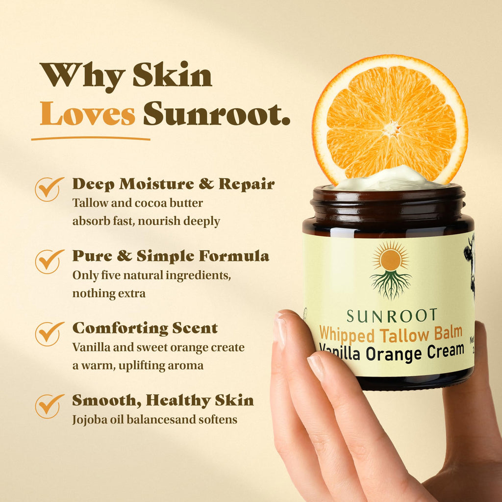 Sunroot Naturals Whipped Tallow Balm – Vanilla Orange Cream Moisturizer (2.85 oz) | Glass Jar