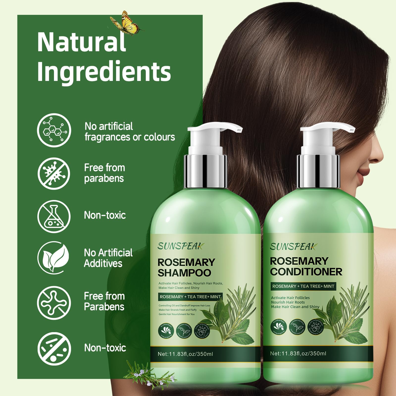 Sunspeak Rosemary Hair Growth Shampoo & Conditioner Set – Thickness, Anti-Hair Loss, Tea Tree Mint Biotin