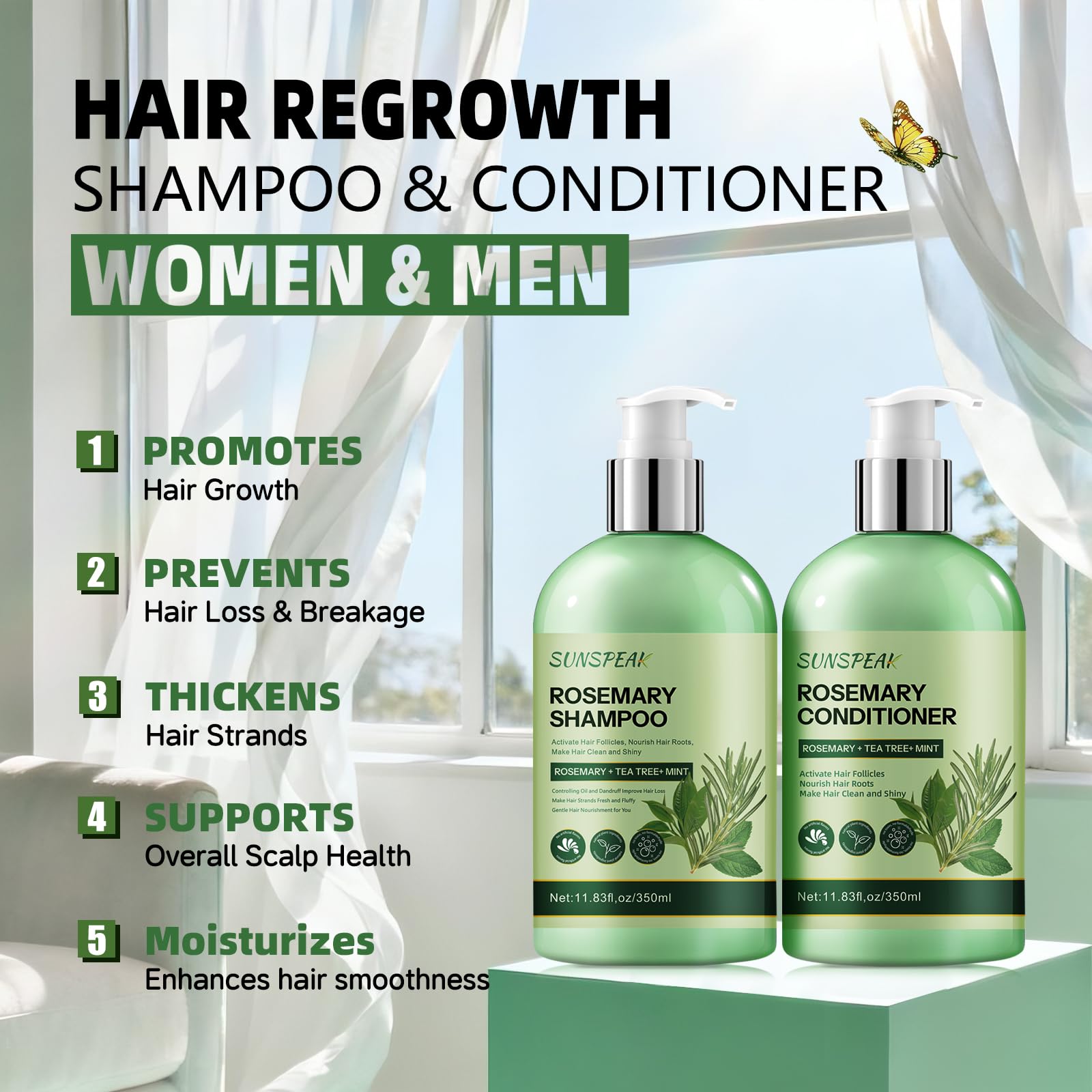 Sunspeak Rosemary Hair Growth Shampoo & Conditioner Set – Thickness, Anti-Hair Loss, Tea Tree Mint Biotin