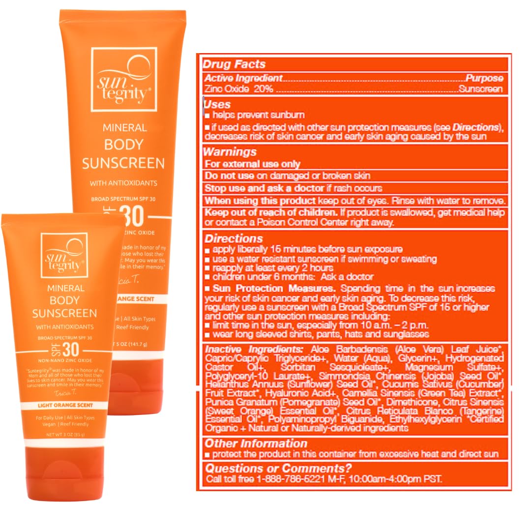 Suntegrity Mineral Body Sunscreen SPF 30, 5 oz – 20% Non-Nano Zinc Oxide, Chemical-Free