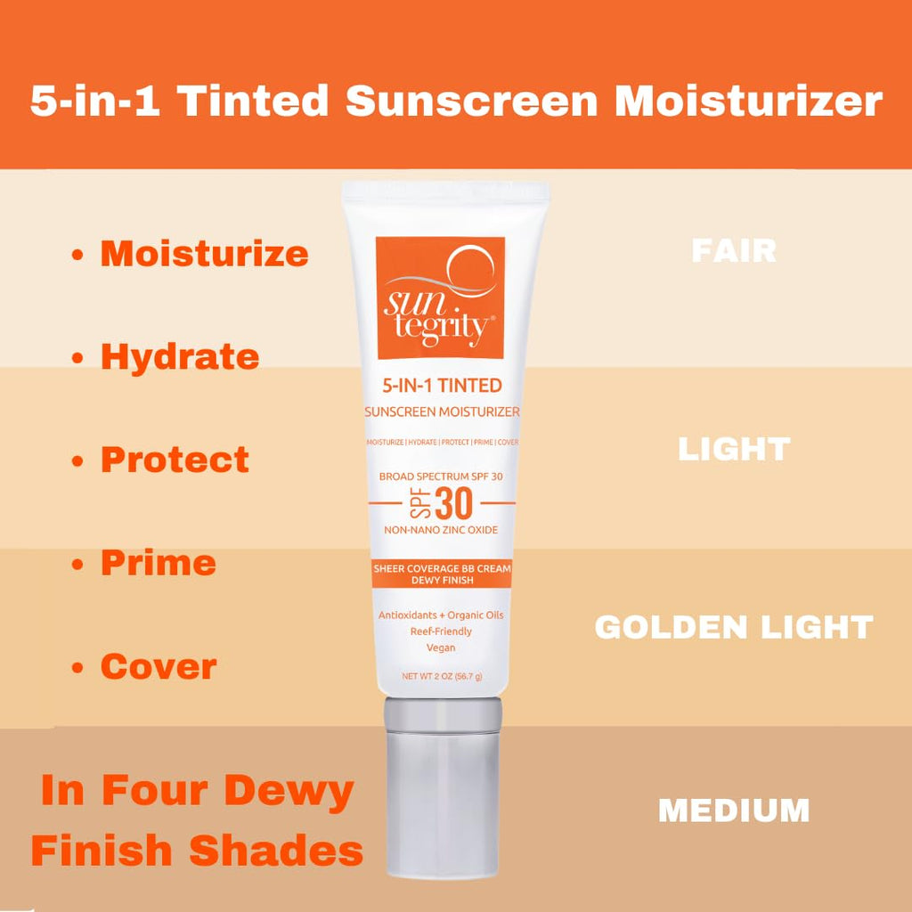 Suntegrity Tinted 5 in 1 Mineral Sunscreen SPF 30 for Face (2 oz) – Medium | Clean, Reef Safe, Vegan BB Cream Moisturizer