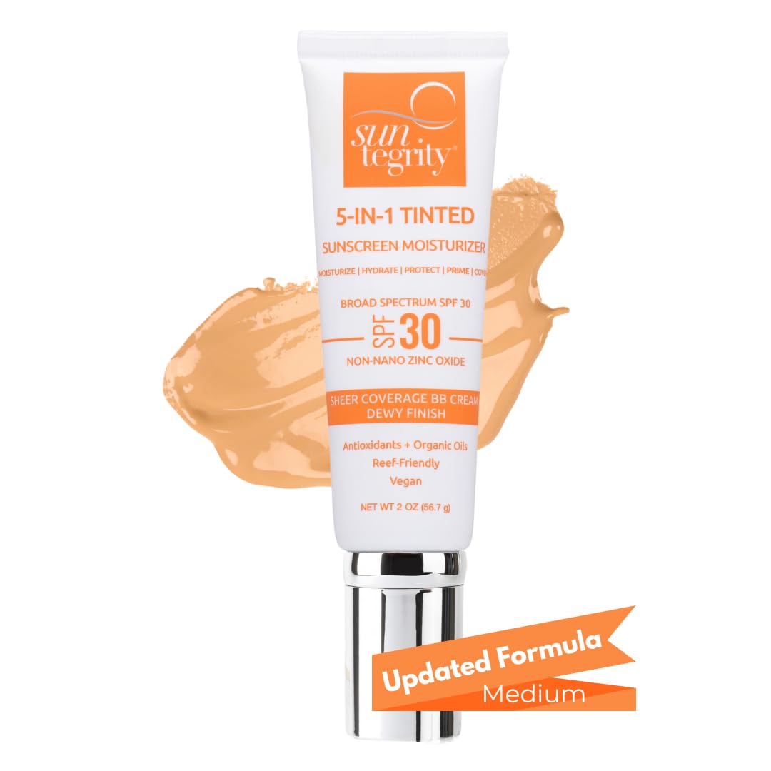 Suntegrity Tinted 5 in 1 Mineral Sunscreen SPF 30 for Face (2 oz) – Medium | Clean, Reef Safe, Vegan BB Cream Moisturizer