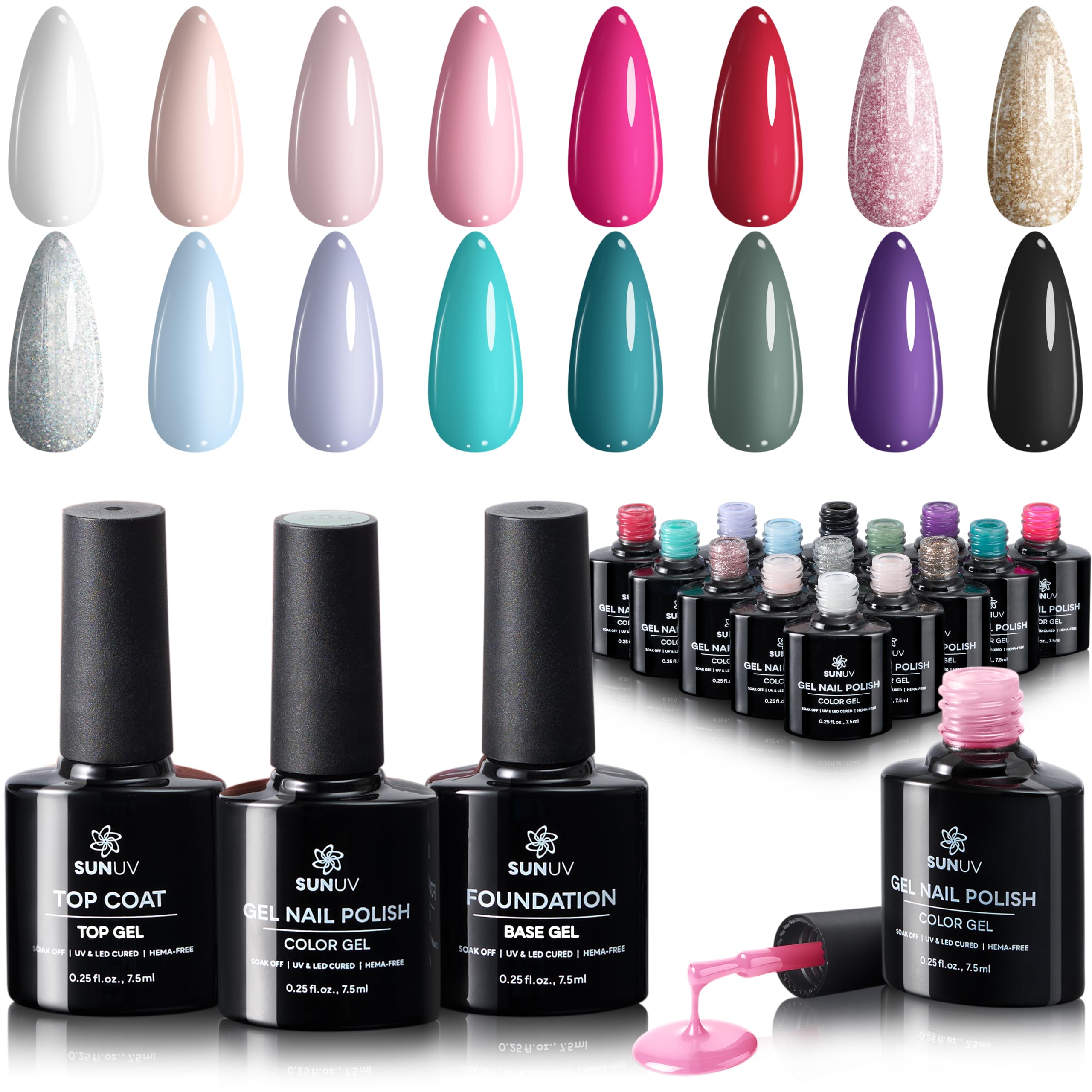 SUNUV 16-Color Gel Nail Polish Kit with Base & Top Coat | Long-Lasting, Cruelty-Free