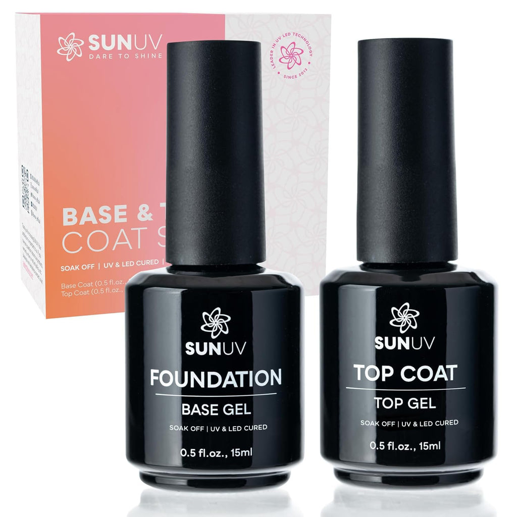 SUNUV 15ml Gel Top Coat & Base Coat Set — No Wipe, HEMA-Free, 2-Pack Gel Nail Kit