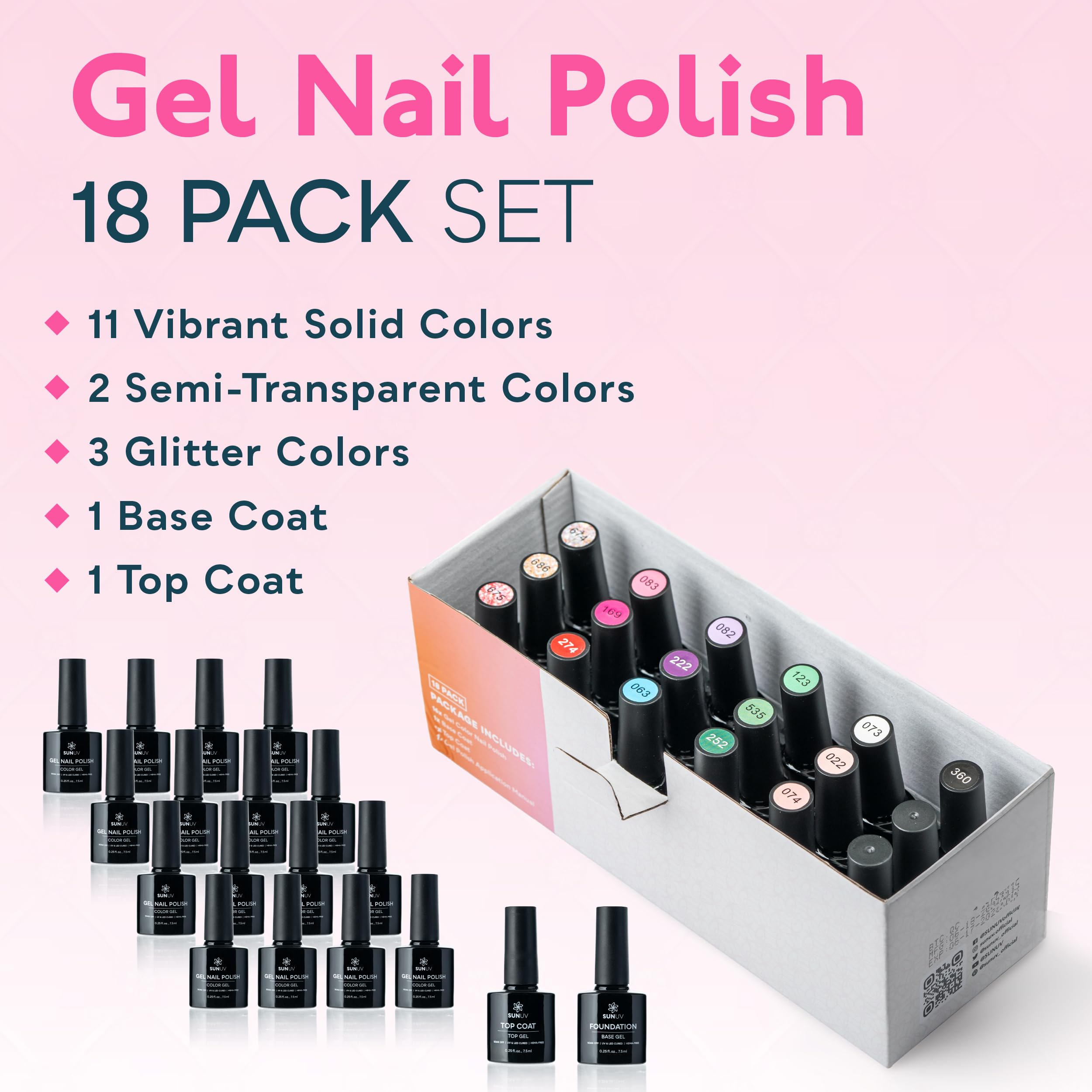 SUNUV 16-Color Gel Nail Polish Kit with Base & Top Coat | Long-Lasting, Cruelty-Free