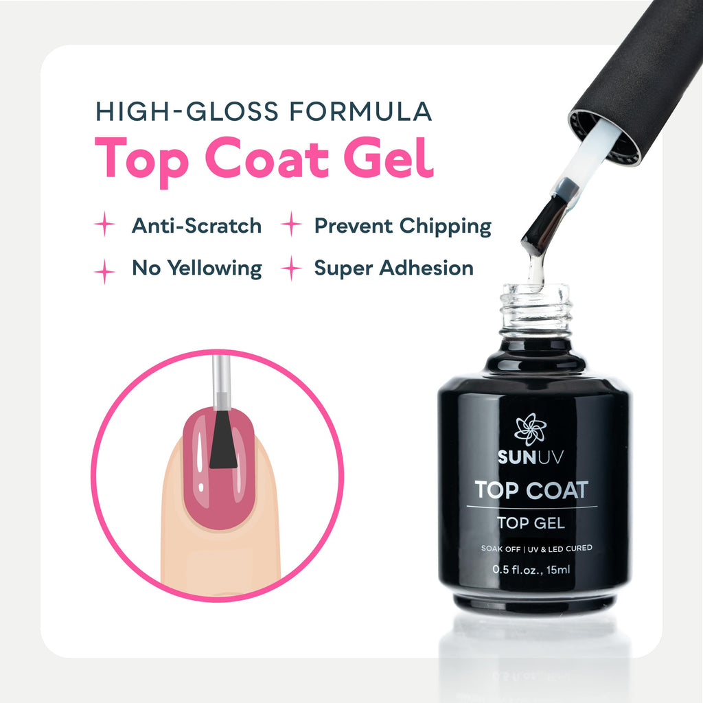 SUNUV 15ml Gel Top Coat & Base Coat Set — No Wipe, HEMA-Free, 2-Pack Gel Nail Kit