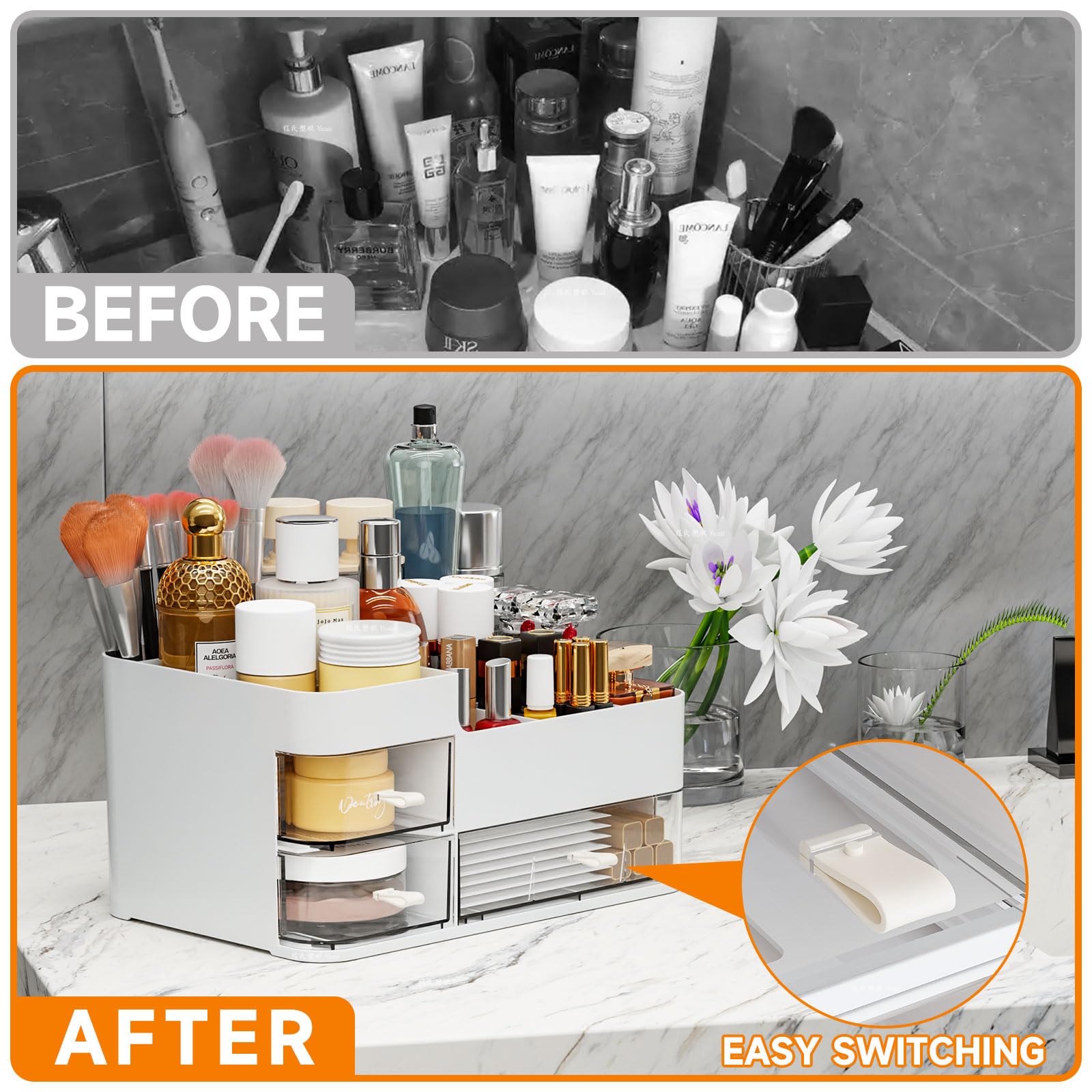 SuoXing White Makeup Organizer – Large Vanity Storage with Drawers