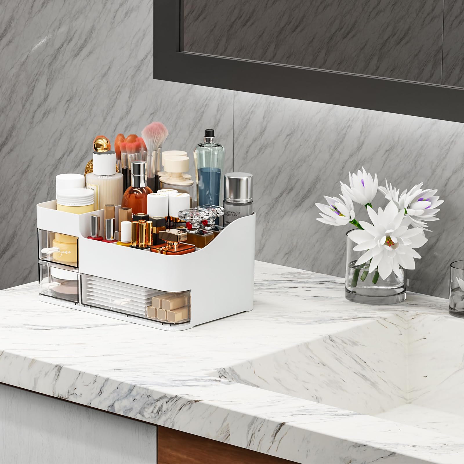 SuoXing White Makeup Organizer – Large Vanity Storage with Drawers