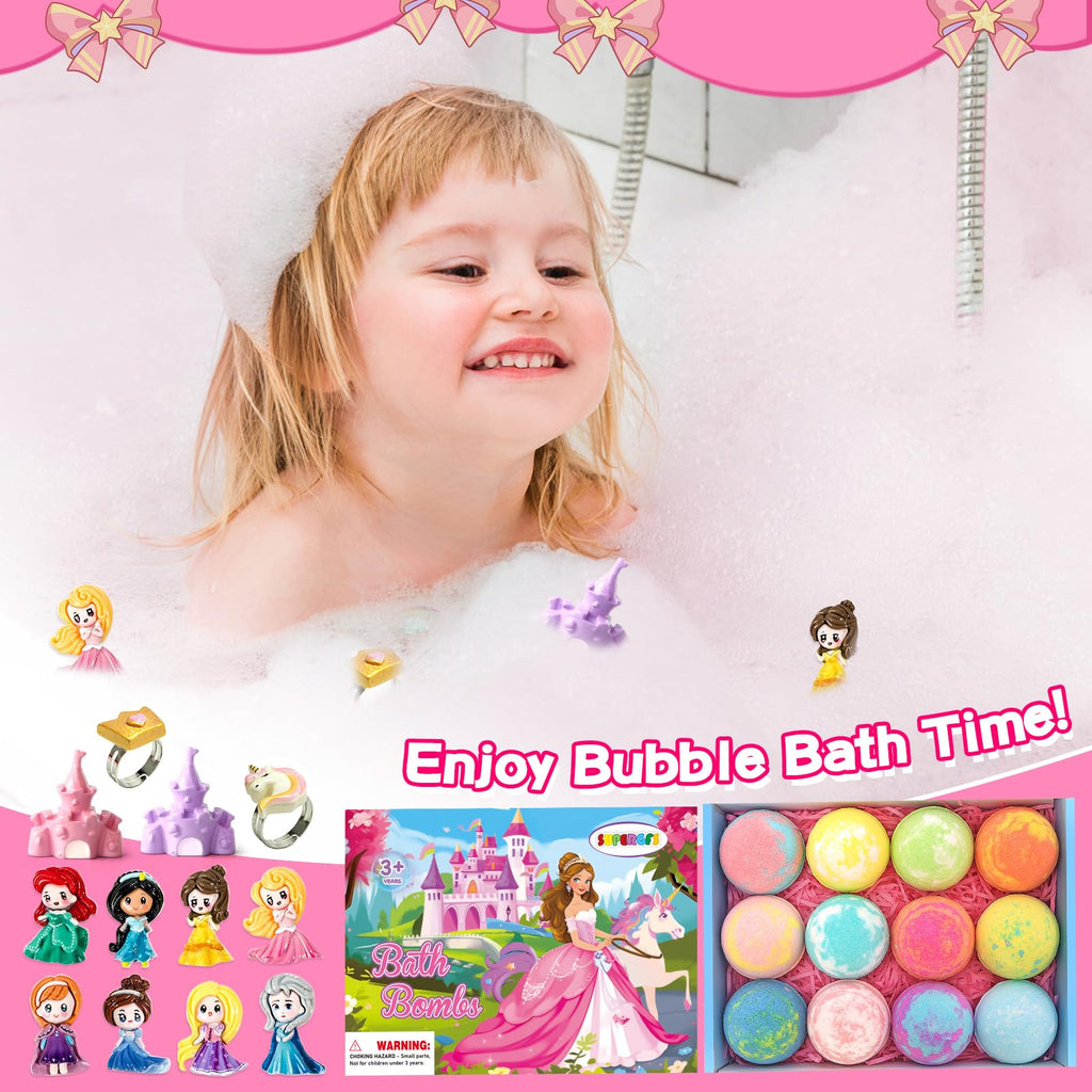 SUPERGFS Princess Inside Bath Bombs for Kids – Organic Colorful Bubbles with Jewelry Surprise