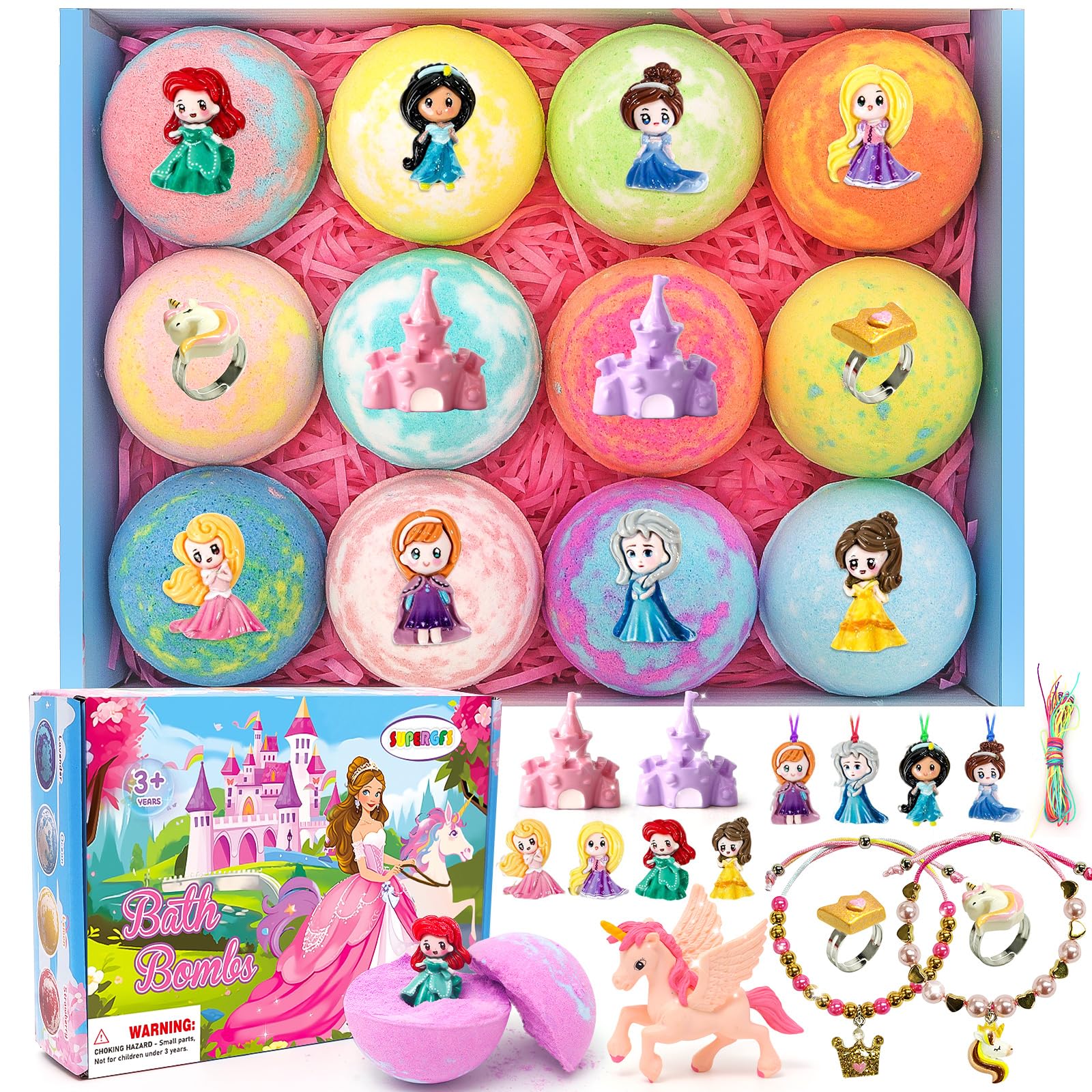 SUPERGFS Princess Inside Bath Bombs for Kids – Organic Colorful Bubbles with Jewelry Surprise