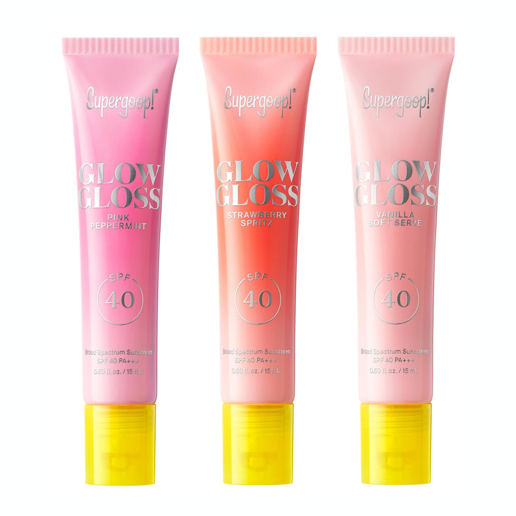 Supergoop! Glow Gloss SPF 40 Lip Balm Trio – Vanilla Soft Serve, Strawberry Spritz & Pink Peppermint