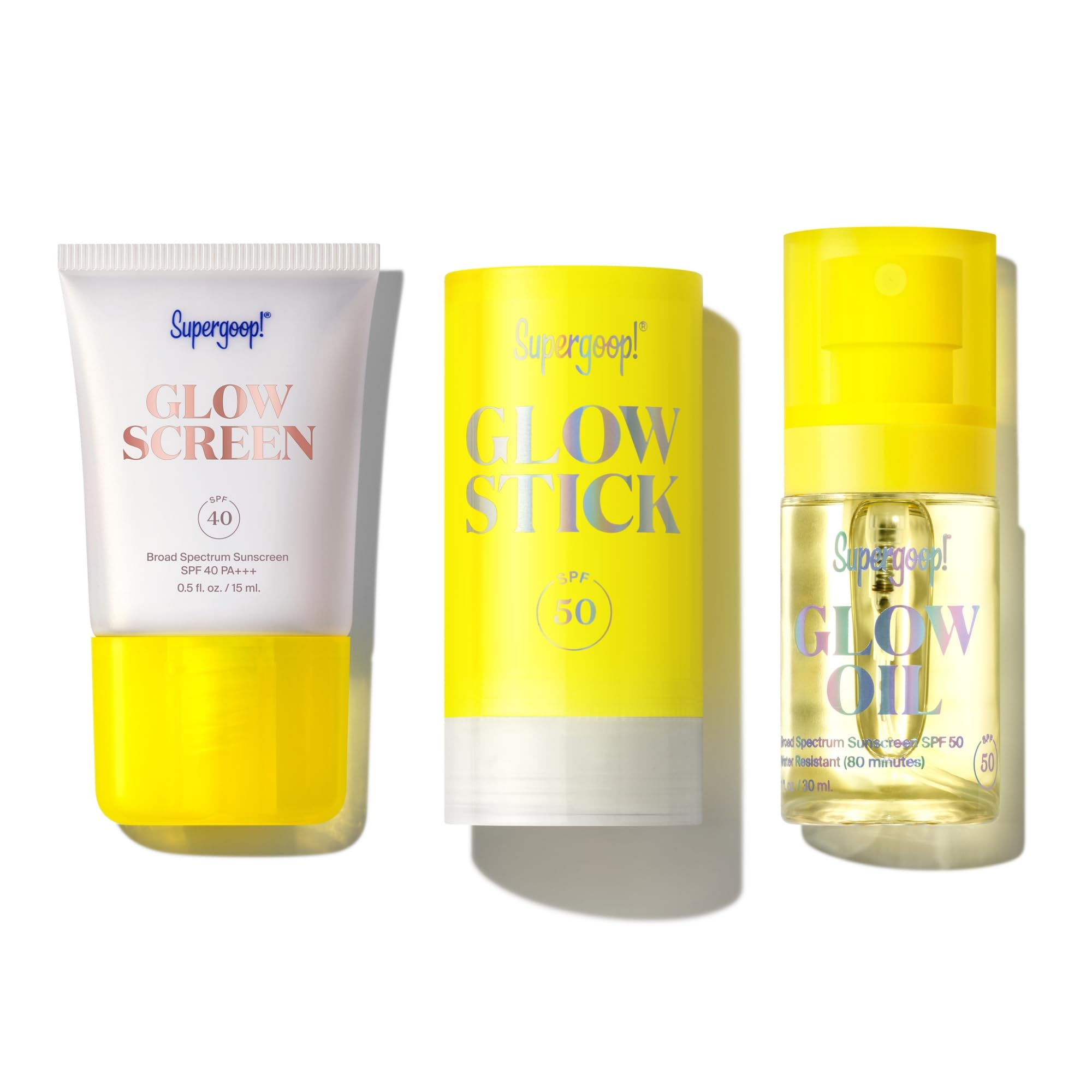 Supergoop! Glow Kit: Glowscreen SPF 40, Glow Stick SPF 50, Glow Oil SPF 50