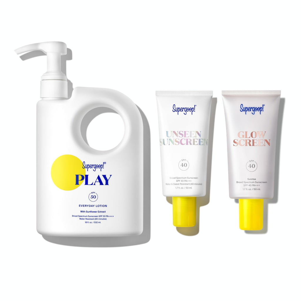 Supergoop! PLAY Everyday SPF 50 Lotion + Unseen Sunscreen + Glowscreen SPF 40 Bundle for Sensitive Skin