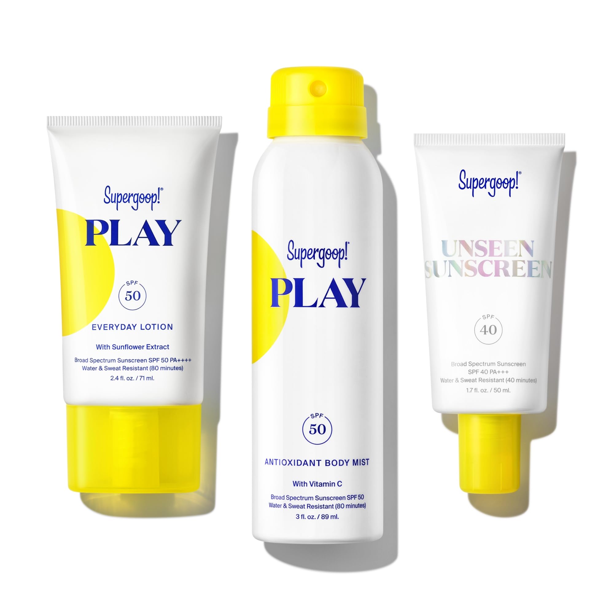 Supergoop! Travel Kit: PLAY Everyday SPF 30, Unseen Sunscreen SPF 30, Body Mist SPF 30