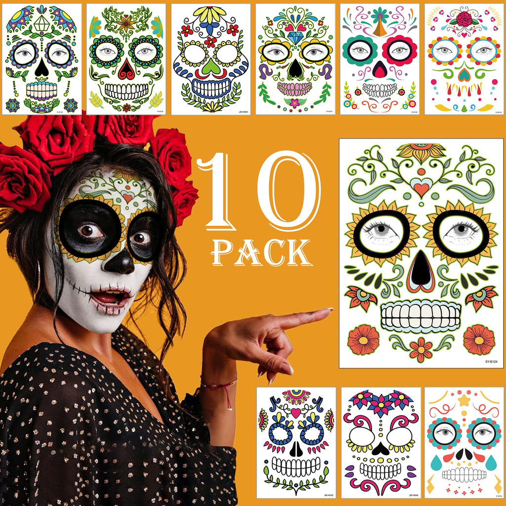 Supersfel Day of the Dead Face Tattoos Kit – 10 Sheets Sugar Skull Roses for Halloween