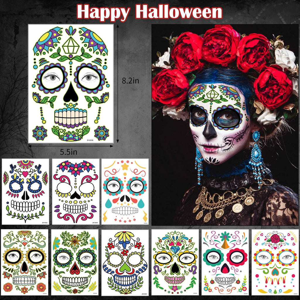 Supersfel Day of the Dead Face Tattoos Kit – 10 Sheets Sugar Skull Roses for Halloween