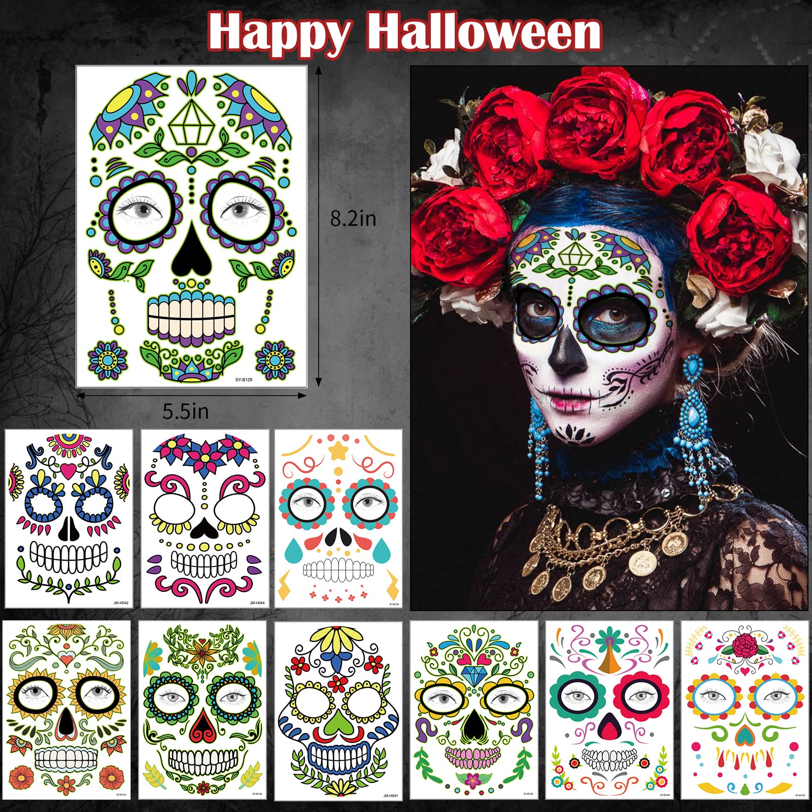 Supersfel Day of the Dead Face Tattoos Kit – 10 Sheets Sugar Skull Roses for Halloween