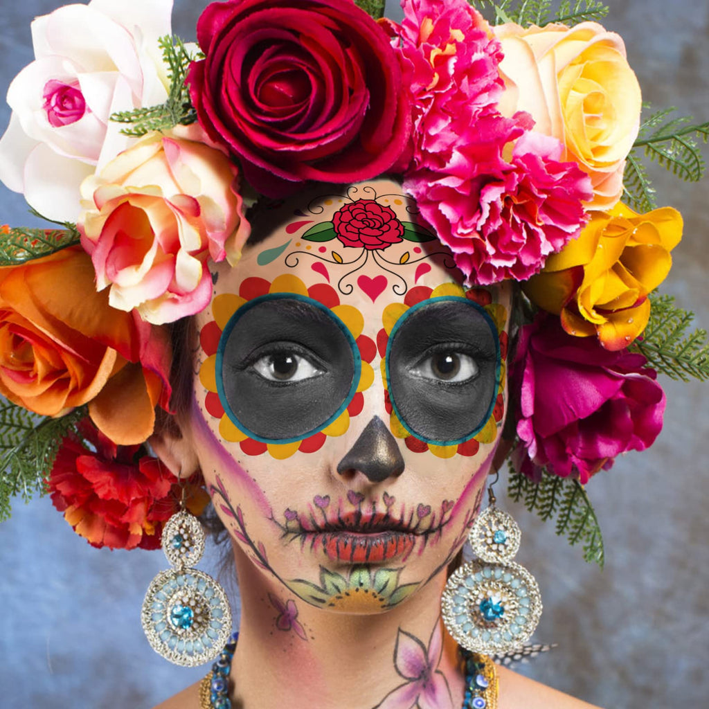 Supersfel Day of the Dead Face Tattoos Kit – 10 Sheets Sugar Skull Roses for Halloween