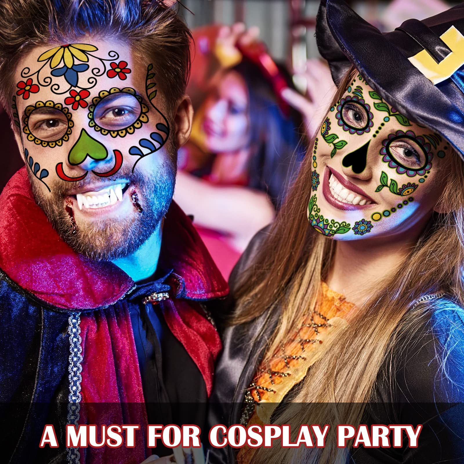 Supersfel Day of the Dead Face Tattoos Kit – 10 Sheets Sugar Skull Roses for Halloween