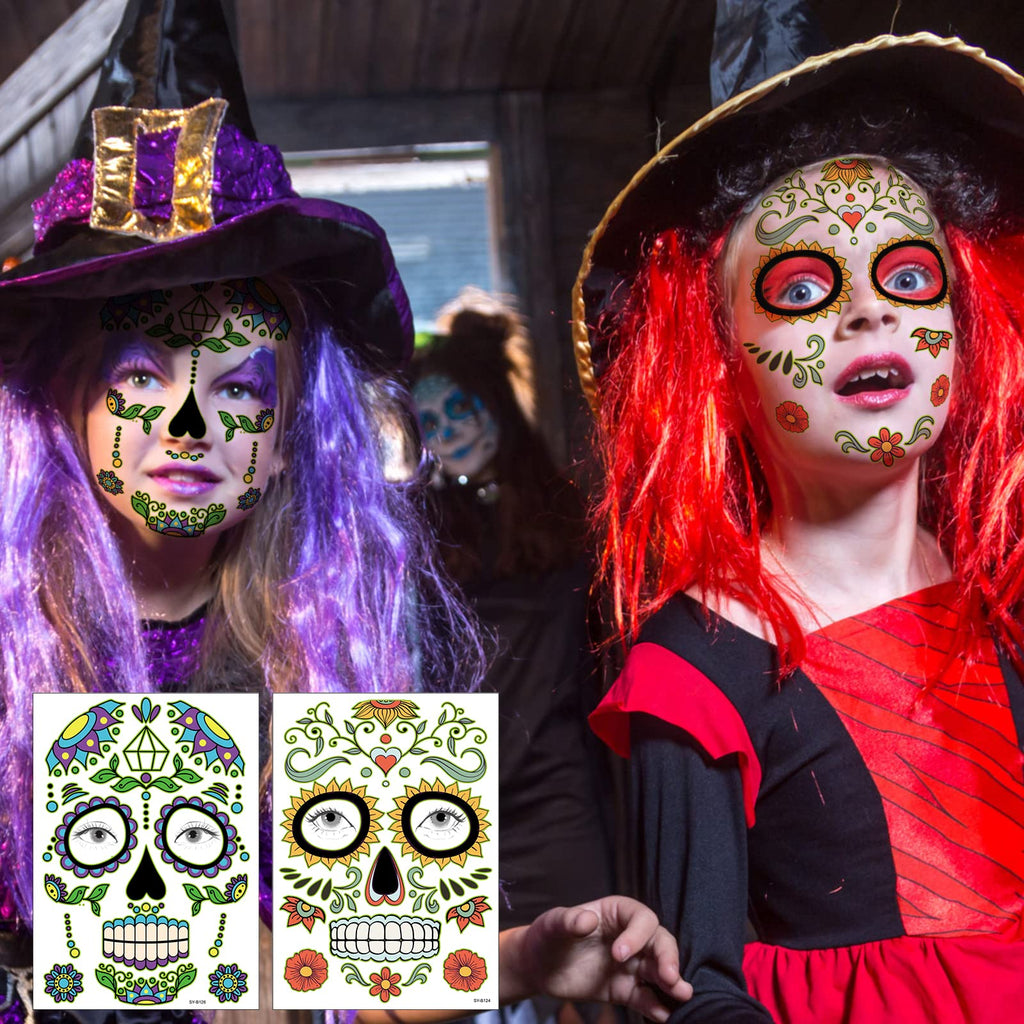 Supersfel Day of the Dead Face Tattoos Kit – 10 Sheets Sugar Skull Roses for Halloween