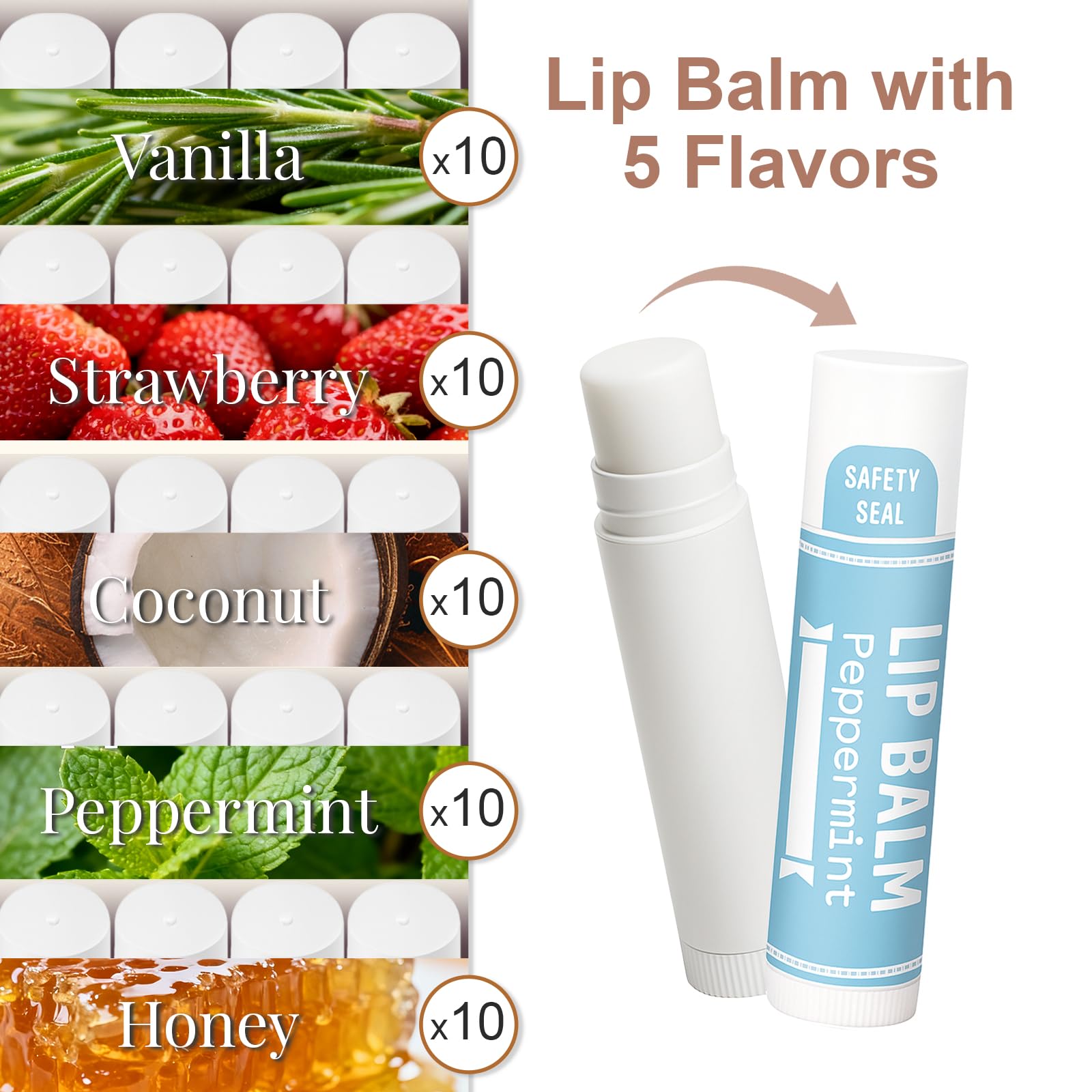 SUPERSUN Lip Balm Bulk 50 Pack – Unlabeled Tubes, 5 Flavors, Gift & Event Favors