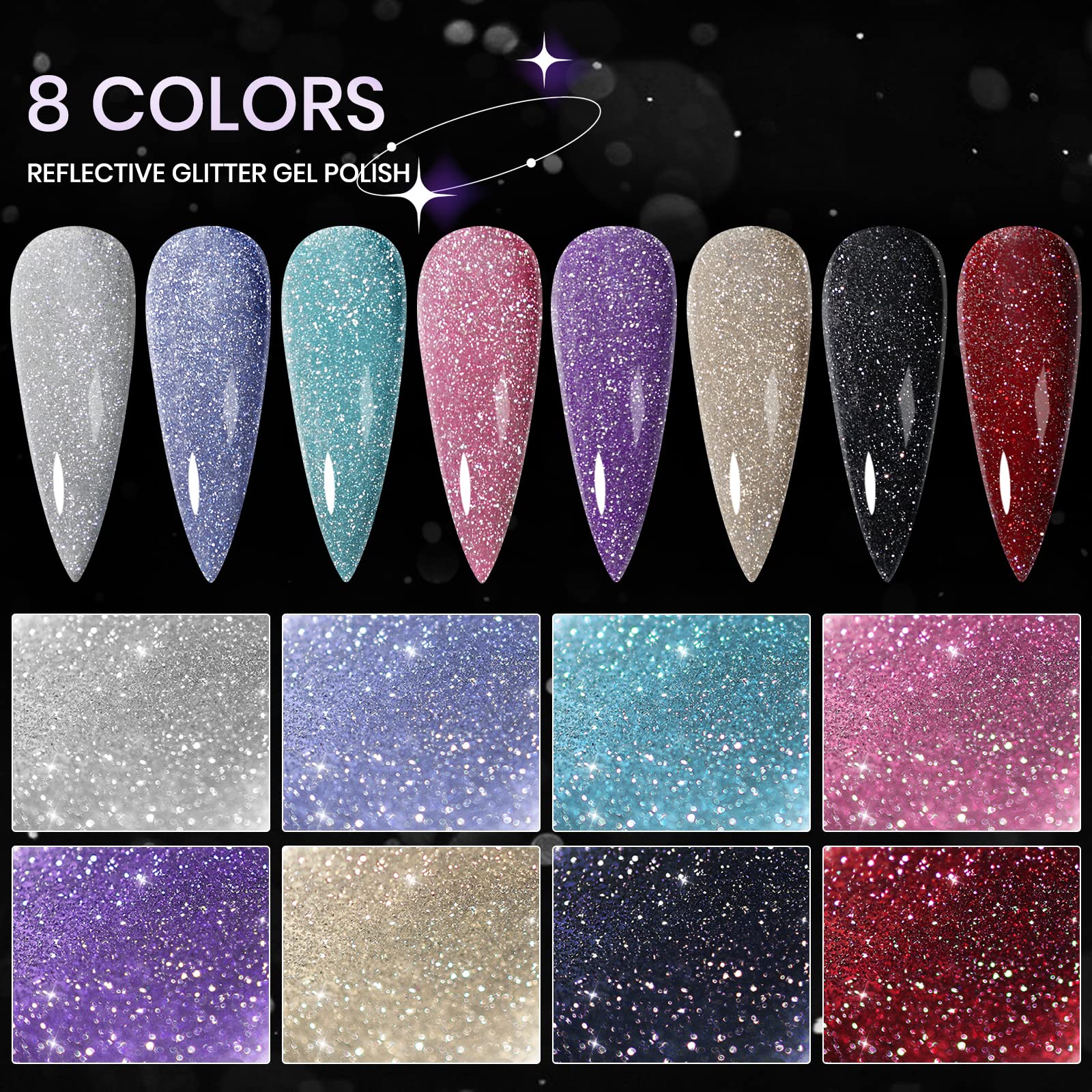 SUPWEE Reflective Gel Polish Set — 8 Diamond Glitter UV Gel Nail Polishes (7ml each)