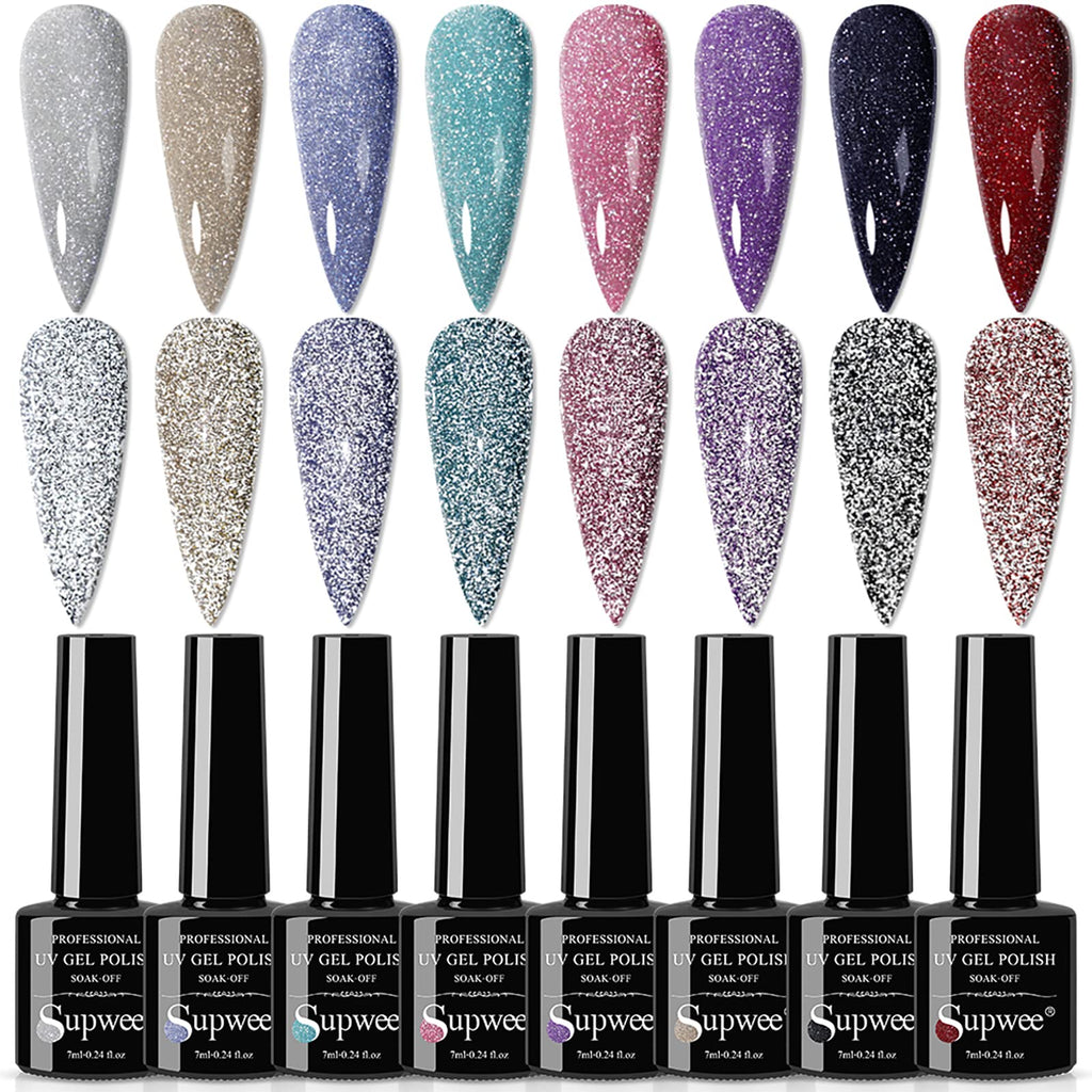 SUPWEE Reflective Gel Polish Set — 8 Diamond Glitter UV Gel Nail Polishes (7ml each)