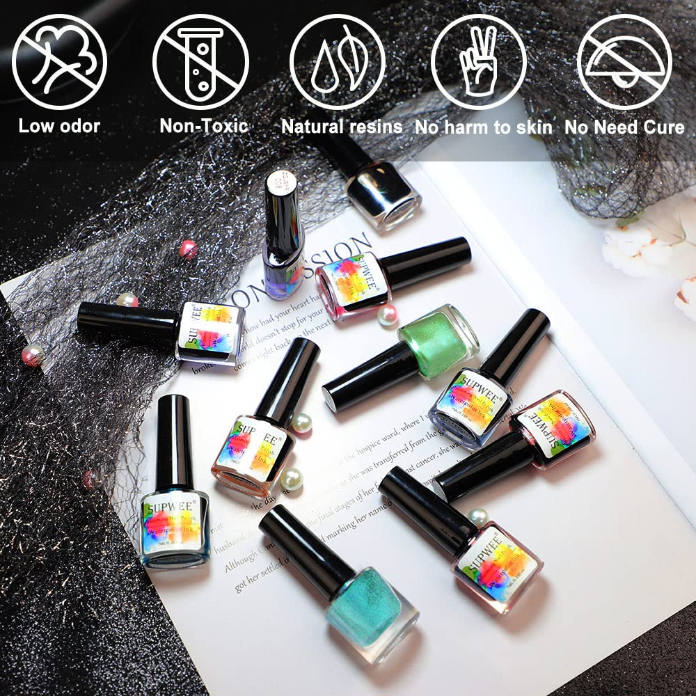 SUPWEE Blooming Watercolor Ink Nail Polish – Marble/Flower Bloom, 12 Colors, 7ml