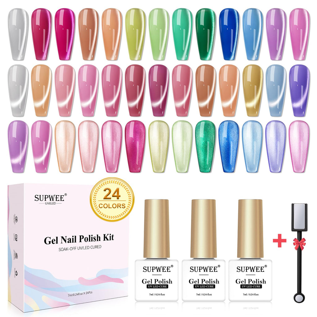 SUPWEE 24 Colors Cat Eye Gel Nail Polish Set — Magnetic Cat Eye Gels for DIY Home Manicure