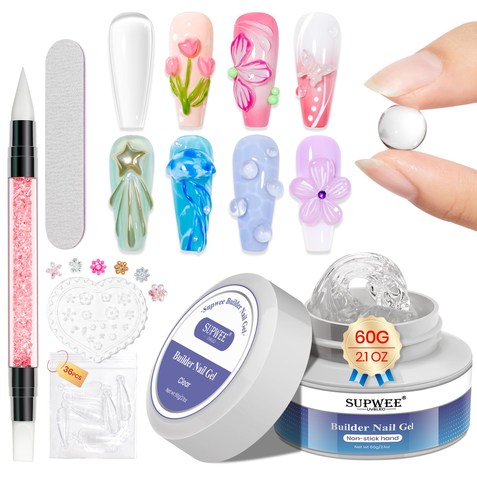 SUPWEE 3D Nail Gel 60G – Clear Builder Gel for Nails, Non-Stick & Long-Lasting