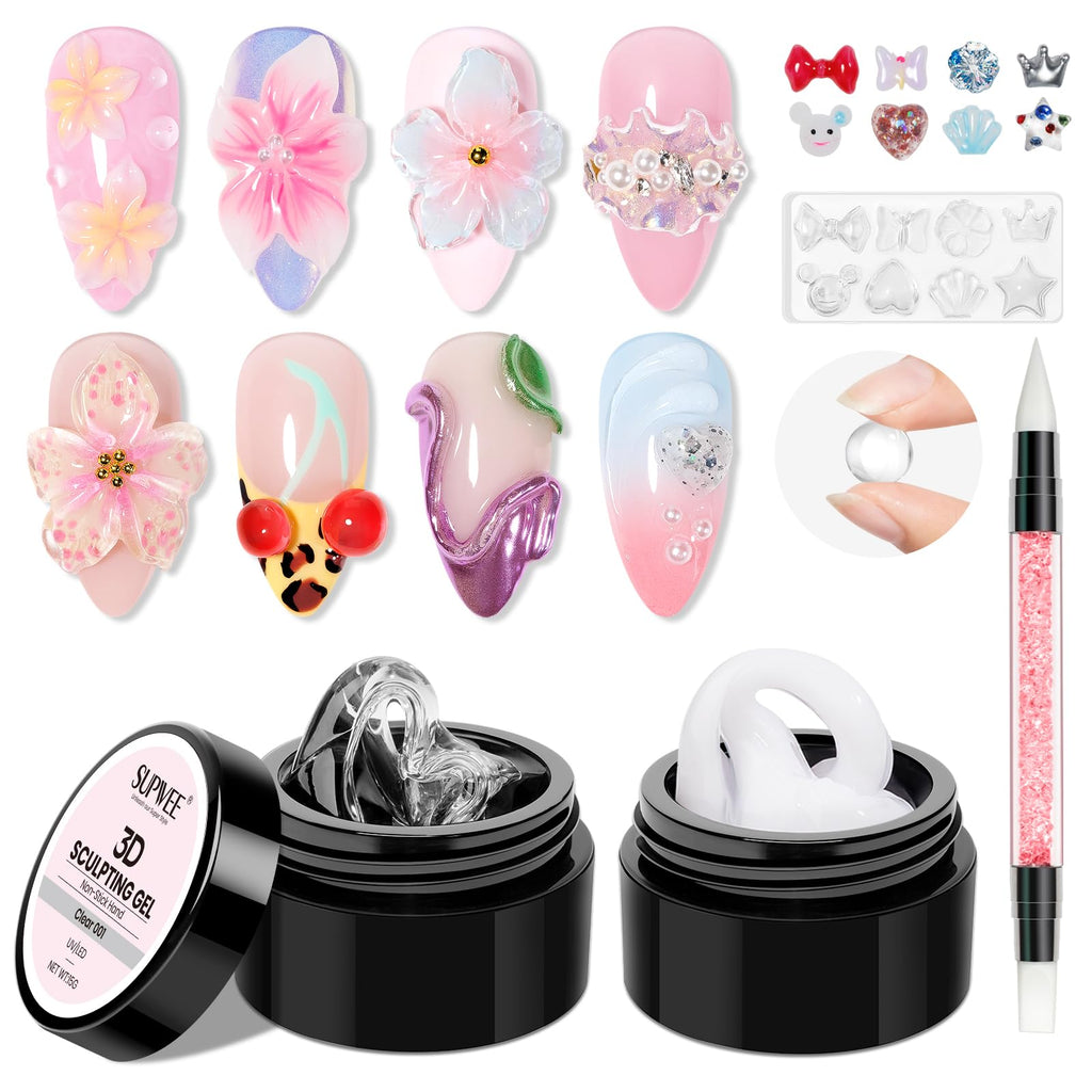 SUPWEE 3D Nail Gel Sculpting Gels – Clear & White Builder Gel for Home Nail Art