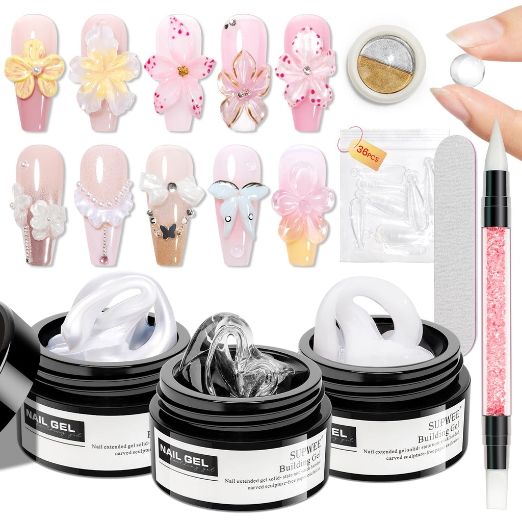 SUPWEE 3D Sculpting Gel Kit for Nails | Non-Stick Builder Gel in Clear, White & Pearl White
