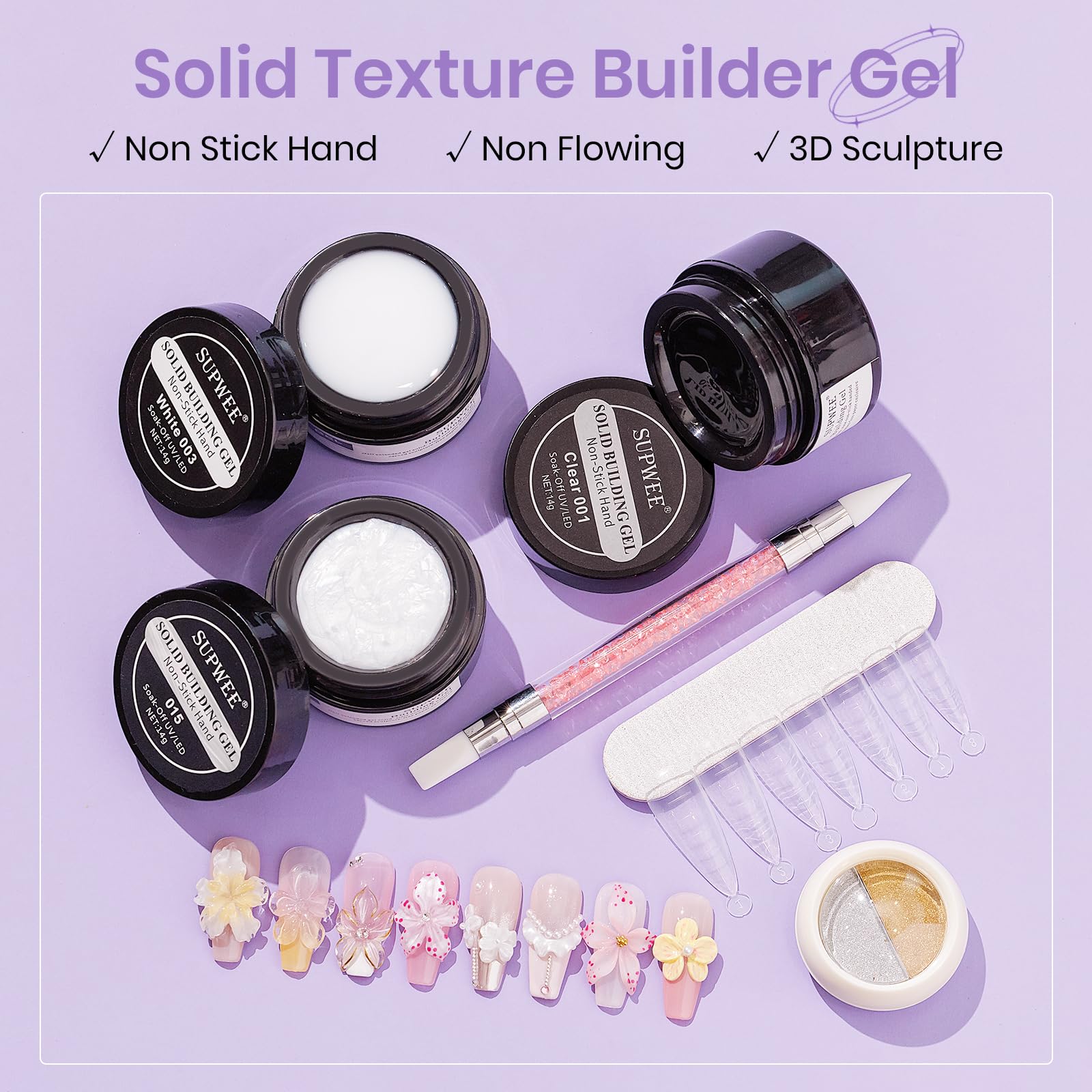 SUPWEE 3D Sculpting Gel Kit for Nails | Non-Stick Builder Gel in Clear, White & Pearl White