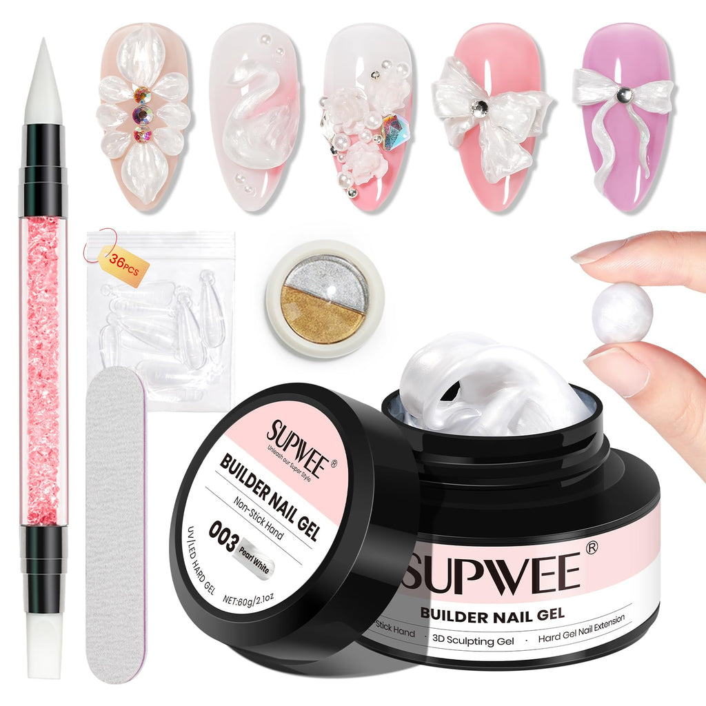 SUPWEE 3D Sculpting Gel for Nail Art | 60g Pearl White Builder Gel with Chrome Powder