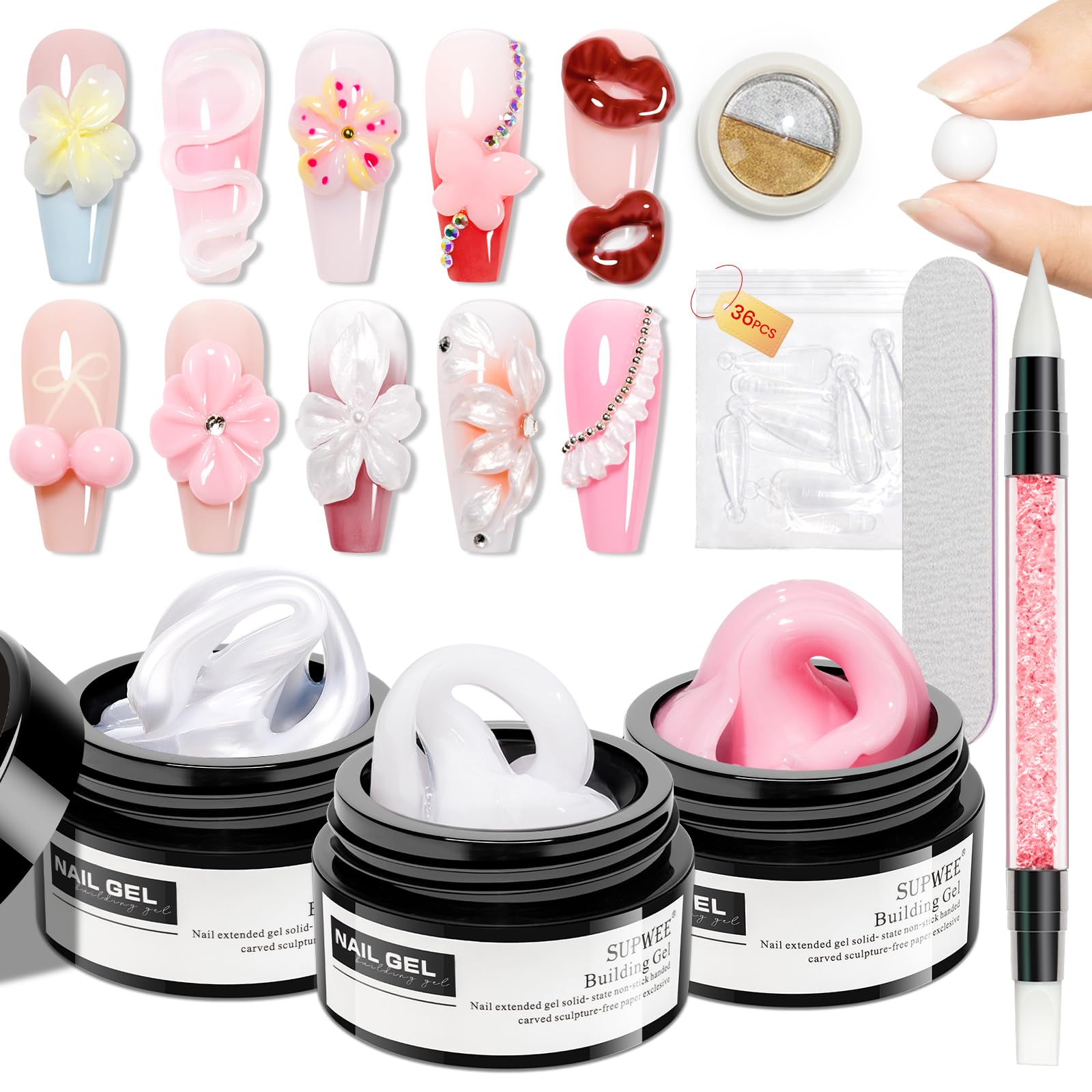 SUPWEE 3D Sculpting Gel Kit – Pearl White, Pink & White Builder Gel for At-Home Nails