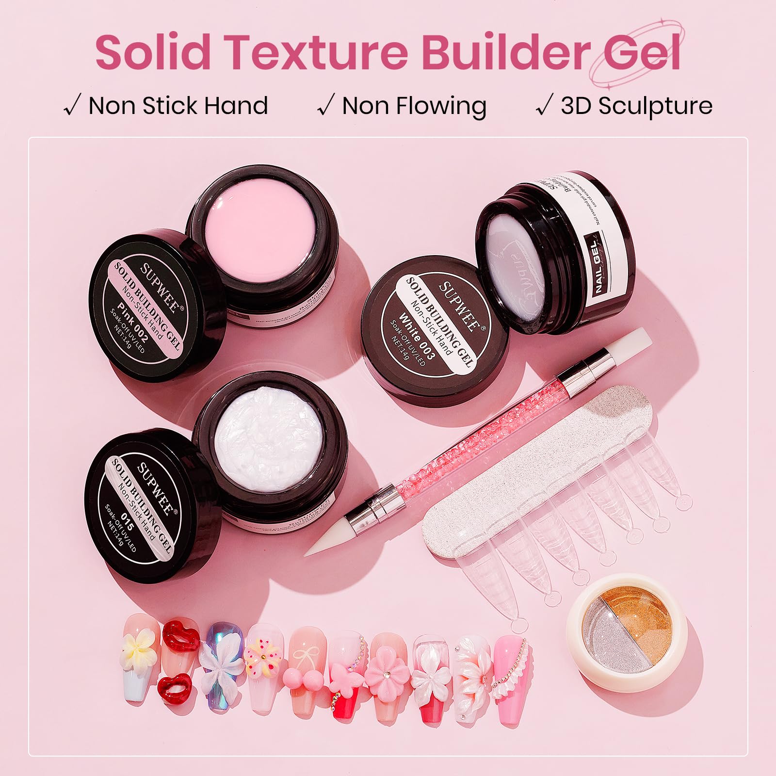 SUPWEE 3D Sculpting Gel Kit – Pearl White, Pink & White Builder Gel for At-Home Nails