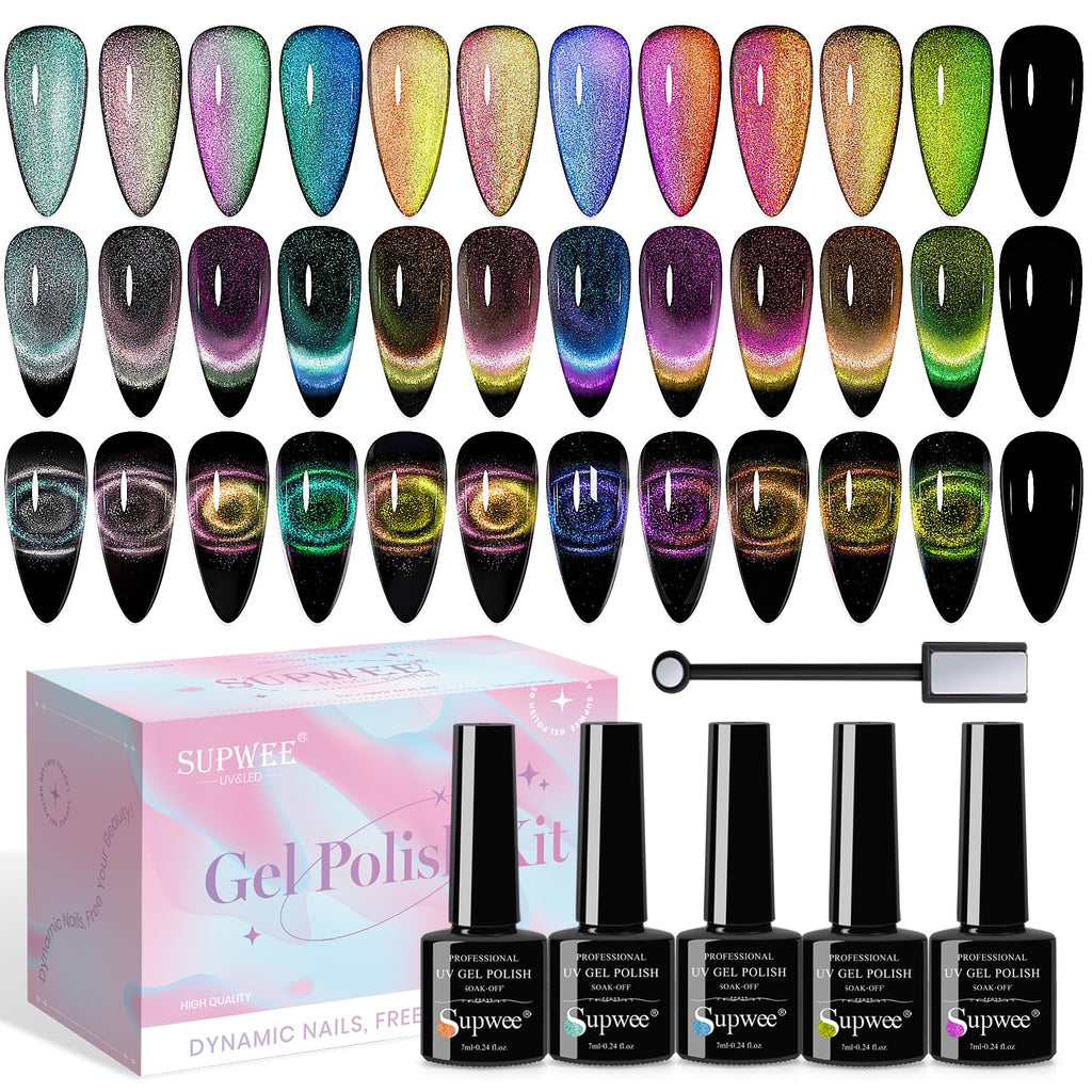 SUPWEE 9D Cat Eye Gel Nail Polish Set with Magnet – 12 Magnetic Colors for Cat Eye Nail Art