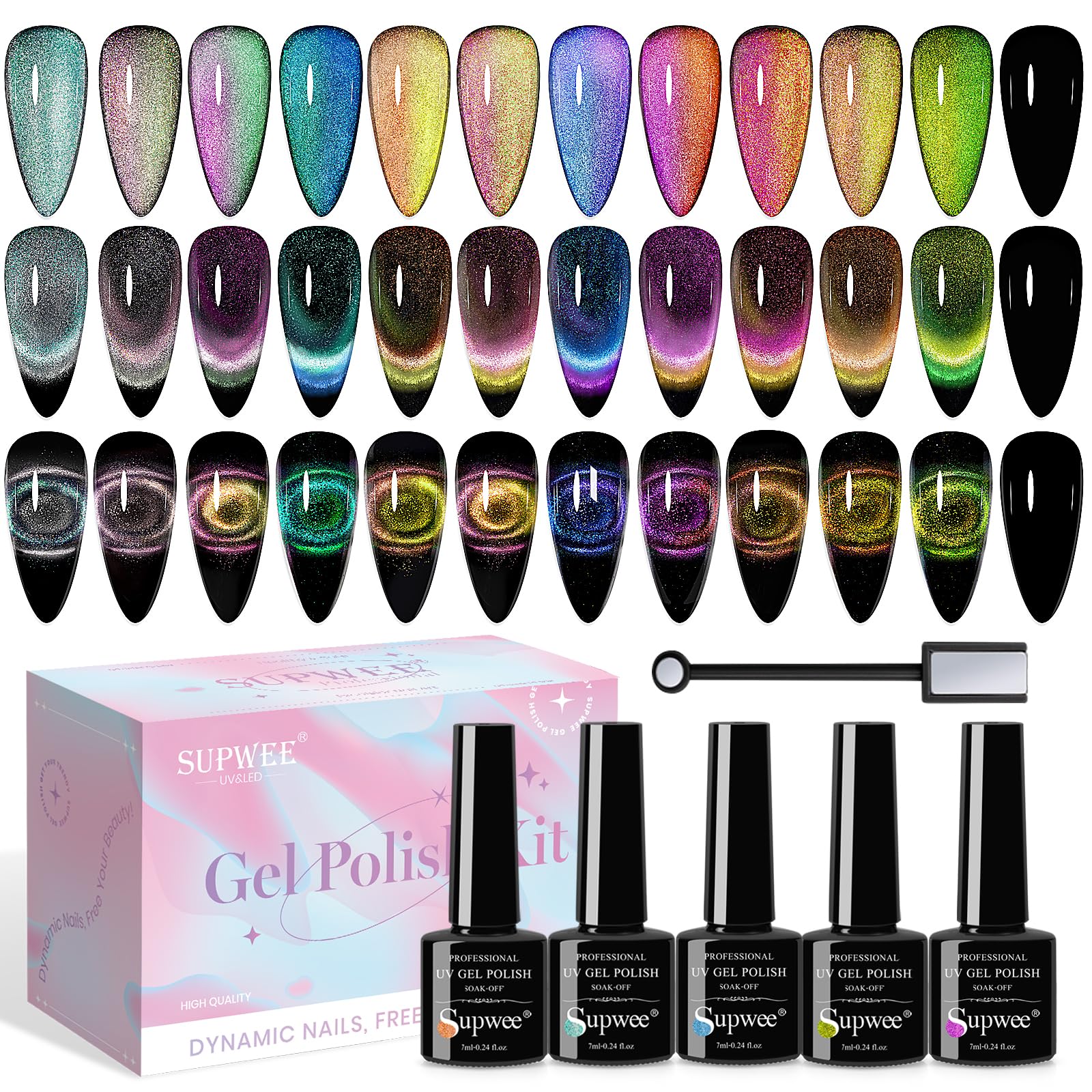 SUPWEE 9D Cat Eye Gel Nail Polish Set with Magnet – 12 Magnetic Colors for Cat Eye Nail Art