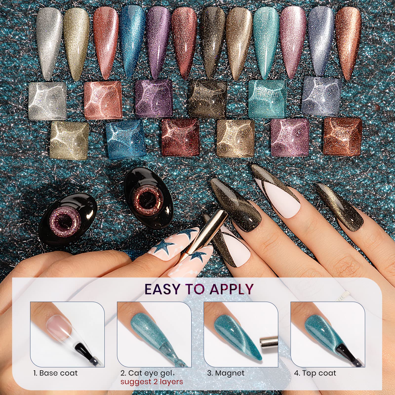 SUPWEE Reflective Cat Eye Gel Polish Set - 12 Colors with Magnet, 7ml Each