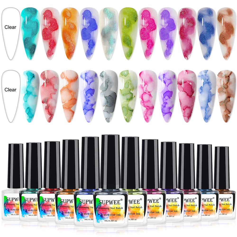 SUPWEE Blooming Watercolor Ink Nail Polish – Marble/Flower Bloom, 12 Colors, 7ml