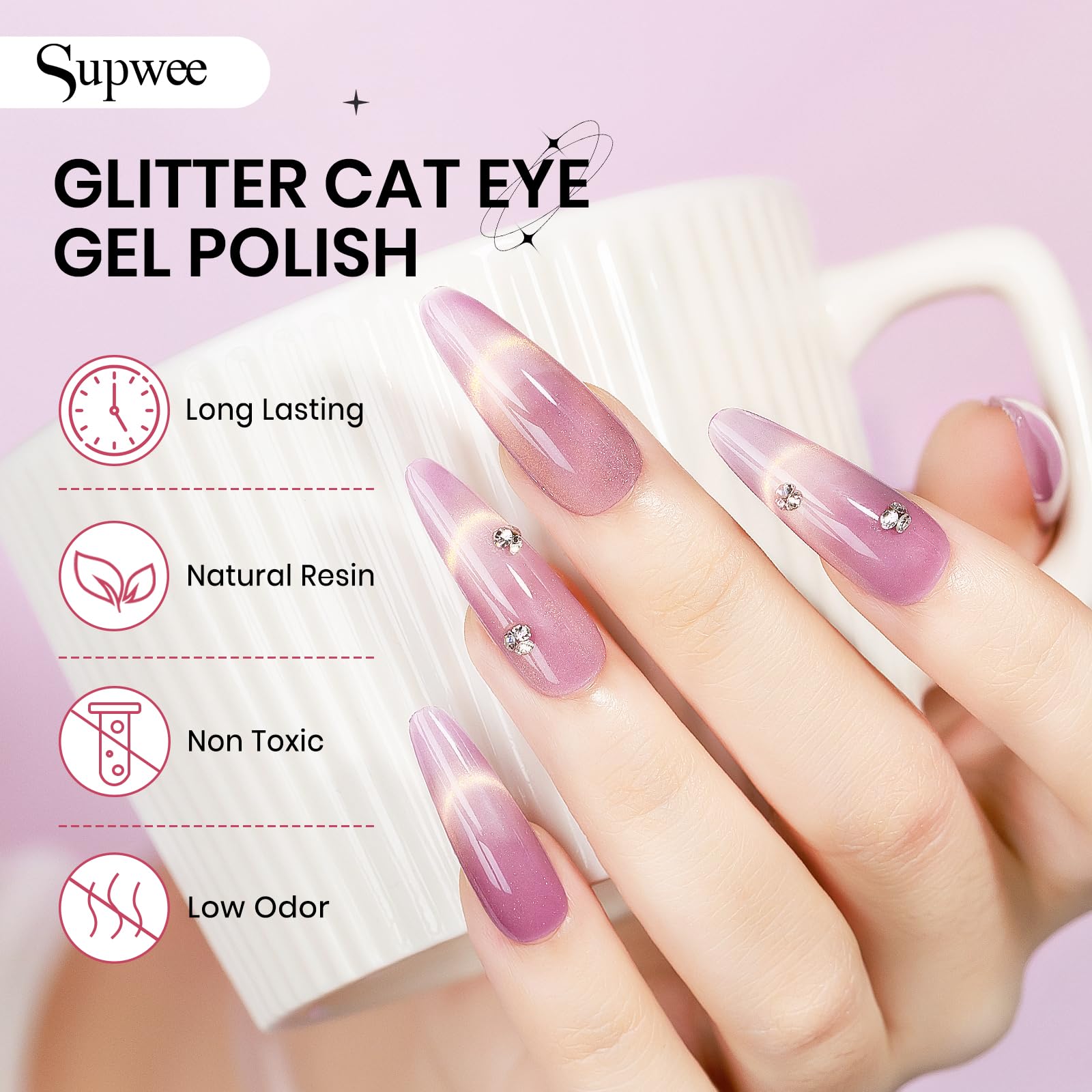 SUPWEE Cat Eye Gel Nail Polish Set – 12 Magnetic Colors with Holographic Glitter | DIY Home Manicure