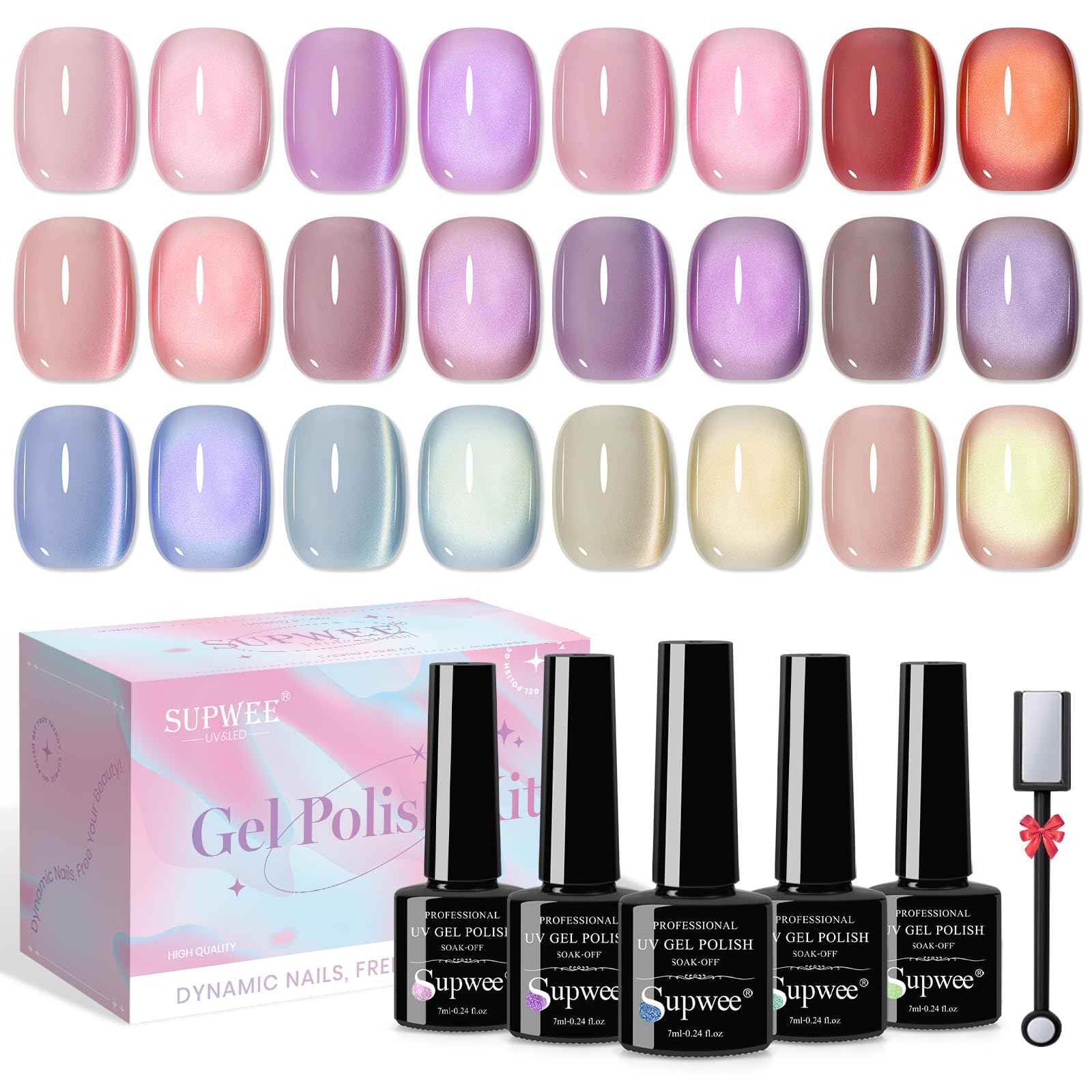 SUPWEE Cat Eye Gel Nail Polish Set – 12 Magnetic Colors, High-Gloss Finish, UV-Cure, Vegan & Non-Toxic, 0.24 fl oz