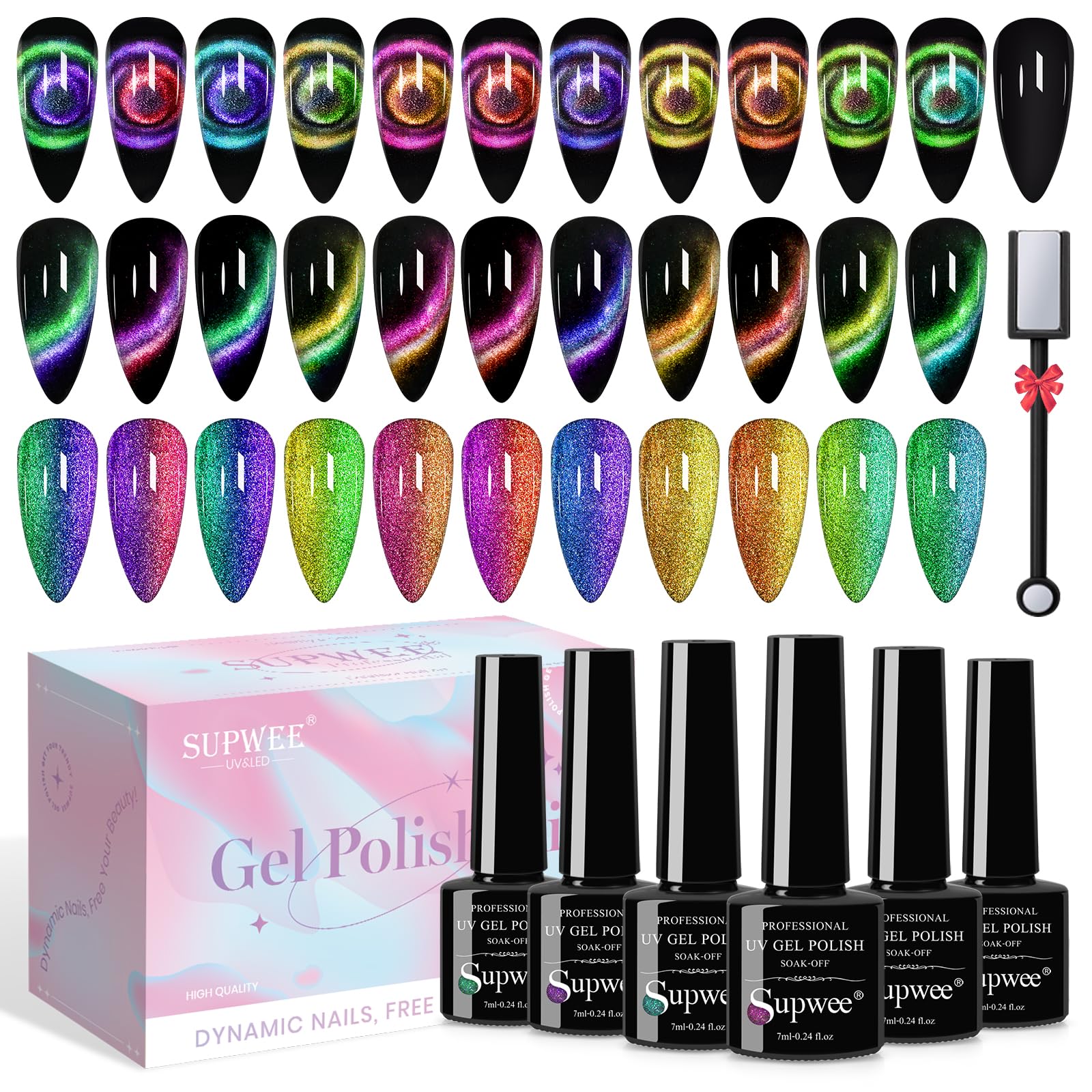 SUPWEE Cat Eye Gel Polish with Magnet – 12-Color Galaxy 9D Cateye Kit, 7ml, Soak Off UV/LED